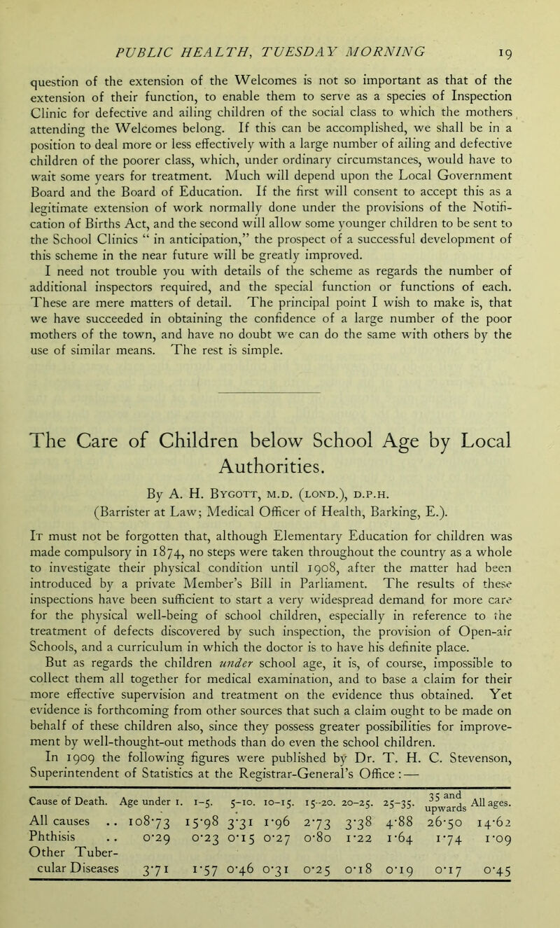 question of the extension of the Welcomes is not so important as that of the extension of their function, to enable them to serve as a species of Inspection Clinic for defective and ailing children of the social class to which the mothers attending the Welcomes belong. If this can be accomplished, we shall be in a position to deal more or less effectively with a large number of ailing and defective children of the poorer class, which, under ordinary circumstances, would have to wait some years for treatment. Much will depend upon the Local Government Board and the Board of Education. If the first will consent to accept this as a legitimate extension of work normally done under the provisions of the Notifi- cation of Births Act, and the second will allow some younger children to be sent to the School Clinics “ in anticipation,” the prospect of a successful development of this scheme in the near future will be greatly improved. I need not trouble you with details of the scheme as regards the number of additional inspectors required, and the special function or functions of each. These are mere matters of detail. The principal point I wish to make is, that we have succeeded in obtaining the confidence of a large number of the poor mothers of the town, and have no doubt we can do the same with others by the use of similar means. The rest is simple. 1 he Care of Children below School Age by Local Authorities. By A. H. Bygott, m.d. (lond.), d.p.h. (Barrister at Law; Medical Officer of Health, Barking, E.). It must not be forgotten that, although Elementary Education for children was made compulsory in 1874, no steps were taken throughout the country as a whole to investigate their physical condition until 1908, after the matter had been introduced by a private Member’s Bill in Parliament. The results of these inspections have been sufficient to start a very widespread demand for more care for the physical well-being of school children, especially in reference to the treatment of defects discovered by such inspection, the provision of Open-air Schools, and a curriculum in which the doctor is to have his definite place. But as regards the children under school age, it is, of course, impossible to collect them all together for medical examination, and to base a claim for their more effective supervision and treatment on the evidence thus obtained. Yet evidence is forthcoming from other sources that such a claim ought to be made on behalf of these children also, since they possess greater possibilities for improve- ment by well-thought-out methods than do even the school children. In 1909 the following figures were published by Dr. T. H. C. Stevenson, Superintendent of Statistics at the Registrar-General’s Office; — Cause of Death. Age under 1. 1-5. 5-10. IO-I5. 15-20. 20-25. 25-35- 35 and upwards All ages. All causes 10873 15’98 3'3l 1-96 273 3‘38 4-88 2670 i4‘62 Phthisis 0‘29 0-23 0-15 0-27 o-8o 1-22 1-64 174 1-09 Other Tuber- 371 177 071 0-25 0-19 0-17 °‘45