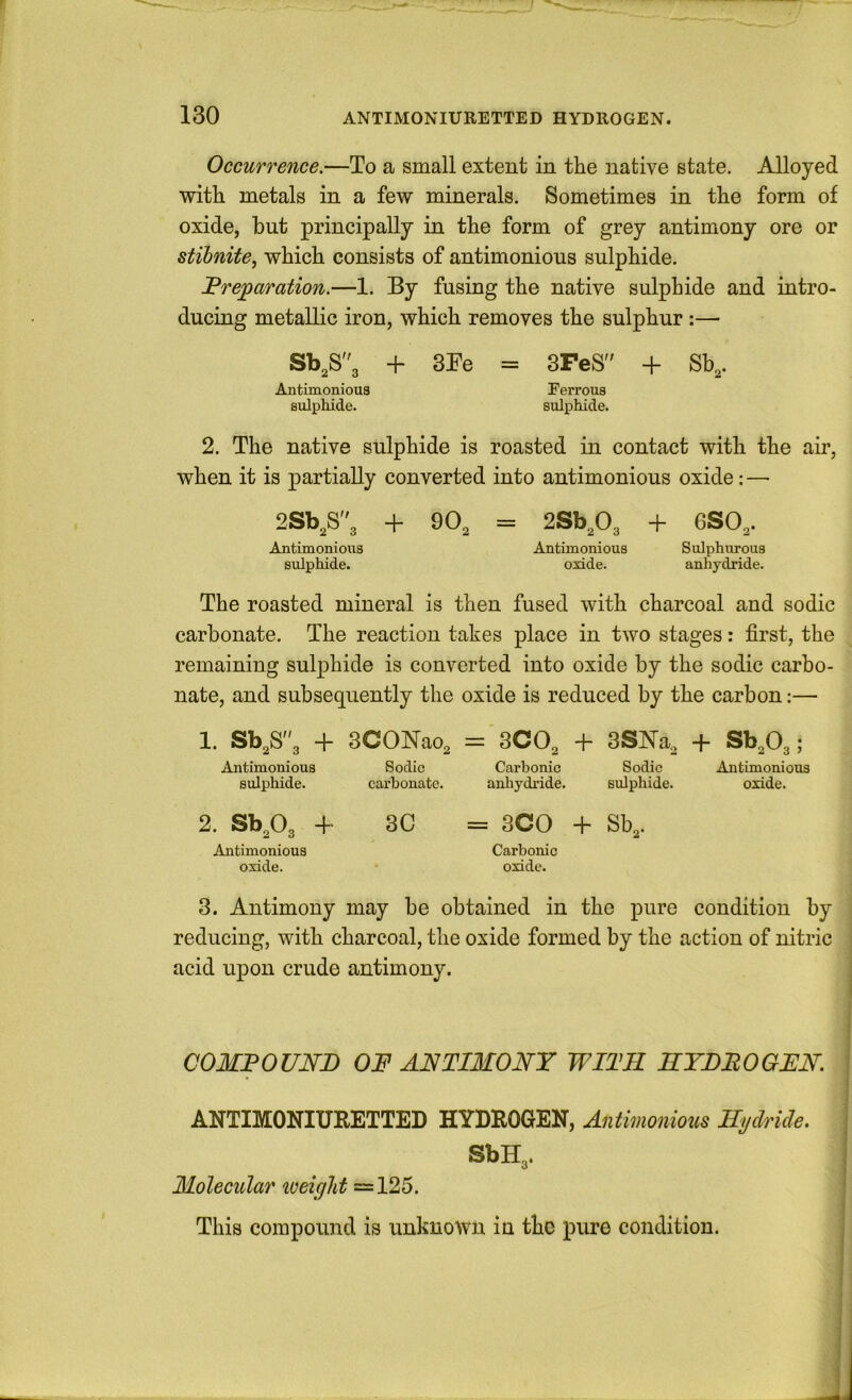 Occurrence.—To a small extent in the native state. Alloyed with metals in a few minerals. Sometimes in the form of oxide, hut principally in the form of grey antimony ore or stibnite, which consists of antimonious sulphide. Preparation.—1. By fusing the native sulphide and intro- ducing metallic iron, which removes the sulphur :—■ Sb,S3 + 3Be = 3FeS + Sb^. Antimonious Ferrous sulphide. sulphide. 2. The native sulphide is roasted in contact with the air, when it is partially converted into antimonious oxide; — 2Sb^S3 + 9O3 = 2Sb,03 + 6SO3. Antimonious Antimonious Sulphurous sulphide. oside. anhydride. The roasted mineral is then fused with charcoal and sodic carbonate. The reaction takes place in two stages: first, the remaining sulphide is converted into oxide by the sodic carbo- nate, and subsequently the oxide is reduced by the carbon:— 1. + scomo, = SCO, + ssm, + Sb303; Antimonious Sodic Carbonic Sodic Antimonious sulphide. carbonate. anhydi’ide. sulphide. oxide. 2. Sb303 + 3C = 3CO + Sb^. Antimonious Carbonic oxide. oxide. 3. Antimony may be obtained in the pure condition by reducing, with charcoal, the oxide formed by the action of nitric acid upon crude antimony. COMPOUND OP ANTIMONY WITH HYDPOGEN ANTIMONIURETTED HYDROGEN, Antimonious Hydride. ShR,. Molecular lueight =125. This compound is unknown in the pure condition.