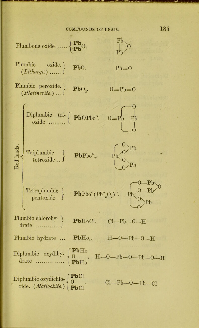 Plumbous oxide Plumbic oxide. 1 {Litharge.) J Plumbic peroxide. | {PJattnerite.) ... J r Diplumbic tri- oxide in CD O) •Tripliimbic tetroxide... Tetrapl Limbic pentoxide Vw Plumbic cbloroby- drate } Plumbic hydrate ... PbU. Pb\ 1 0 Pb/ PbO. Pb=0 PbO,. 0=Pb=0 r—0 PbOPbo. I 1 0-=Pb Pb 1 1 1 1 V 0 PbPbo'V o PbPbo'XPb “ ^ • -^1 \Q\ PblPoCl. Cl—Pb-~0—II PbHo^. H—0—Pb-^0—II Diplumbic oxydihy- drate fPbHo 0 . [PbHo H__0—Pb—O—Pb—0—II Diplumbic oxydichlo- ride. {Matloclcite.) PbCl 0 . PbCl Cl—Pb—0-Pb—Cl