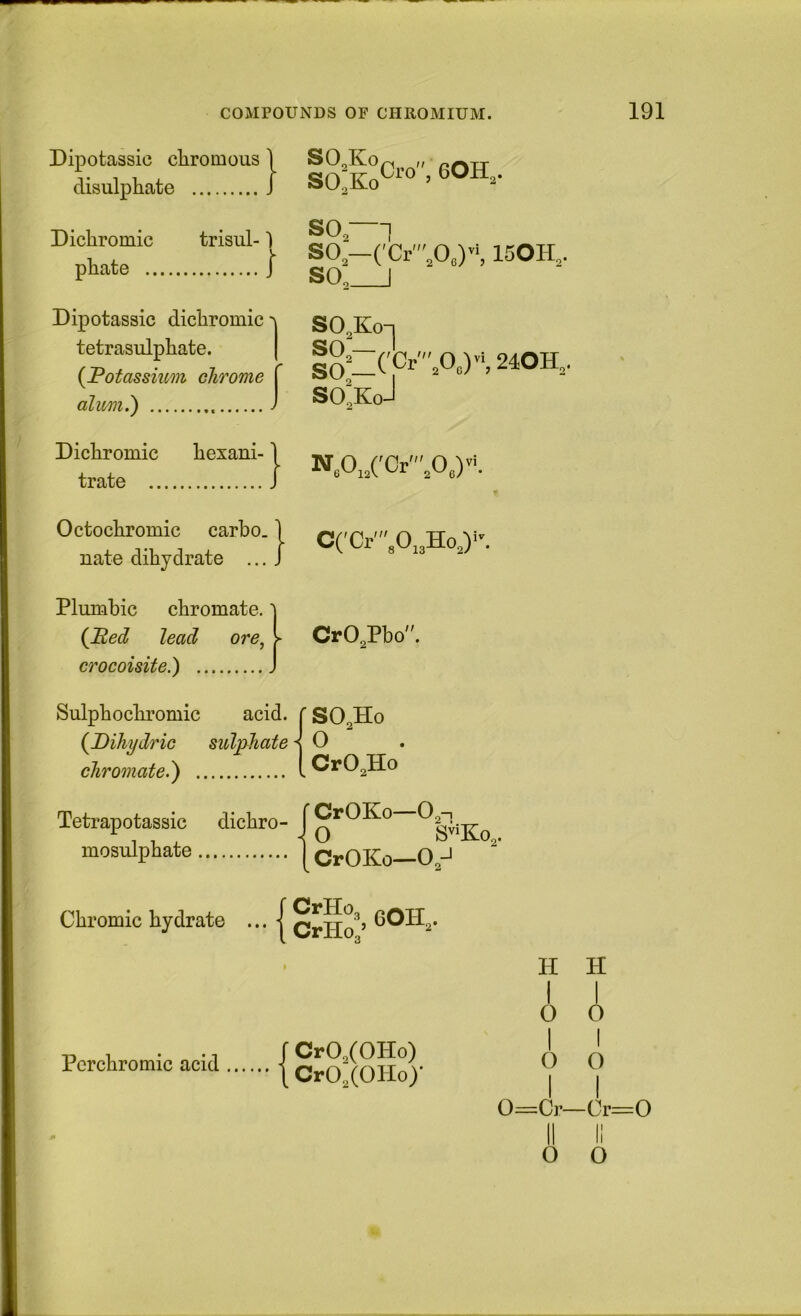 Dipotassic cliromous ] SO^Ko^ „ Till I dm j oOHo* disulphate J SO^Ko Dicliromic trisul-) SO. 7 : \ so-('Cr',Oe)7 150H, pbate J c[o“ \ ’ [ Dipotassic dichromic tetrasulphate. {Potassium chrome alum.') Dichromic hexani- trate Octochromic carbo. nate dihydrate ... Plumbic chromate. {Ped lead ore, crocoisite.) Sulphochromic acid. {Pihydric sudphate chromate.) Teti’apotassic dichro- mosulphate SO, SO,Ko-| |gC('Cr',0.)», 240H, SO.KoJ N,0,7Cr',0,)-. CCCr',0,3Ho,)^^ CrO.Pbo. SO,Ho O CrO,Ho r CrOKo—O,-, O S^^Ko,. CrOKo—0 J Chromic hydrate ... | GOH,. Pcrchromic acid { CroloHo/ H H I I 0 O 1 I 0 o 1 I 0=Cr—Cr=0 II II o o