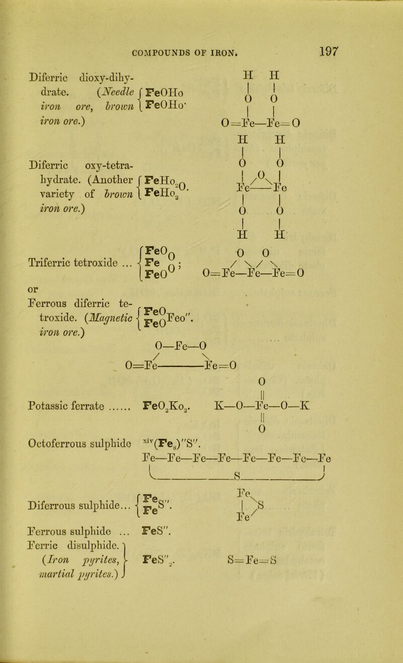 Diferric clioxy-dihy- drate. {Needle f PeOHo iron ore, hrown \ FeOHo* iron ore.) Diferric oxy-tetra- liydrate. (Another f FeHo.,Q variety of hroion \ FeHo^ iro?i ore.) FeO Triferric tetroxide ... -I Fe FeO 0 0 or iron ore.) H II 0 0 0=Ee—Ee=0 H H 0 0 I /O I hY—Pe 0 H 0 I H 0 0 / \/ \ 0=Fe—Pe—Ee=0 Ferrous diferric te- troxide. (Magnetic I -mf/^Feo. FeO 0—Fe—0 0=Fe -Fe=r.O 0 Potassic ferrate FeO^Ko^. K—0—Fe—0—K II II 0 Octoferroiis sulphide ‘'^(Fe,)S. Fe—Fe—F( D—Fe—F e—Fe—Fc- 1 S Diferrous sulphide... - f FeQ(; [Pe^ • 1 Ferrous sulphide ... FeS. Ferric disulphide.) {Iron pyrites, V FeS'V S=Fe-=S martial pyrites.) ]