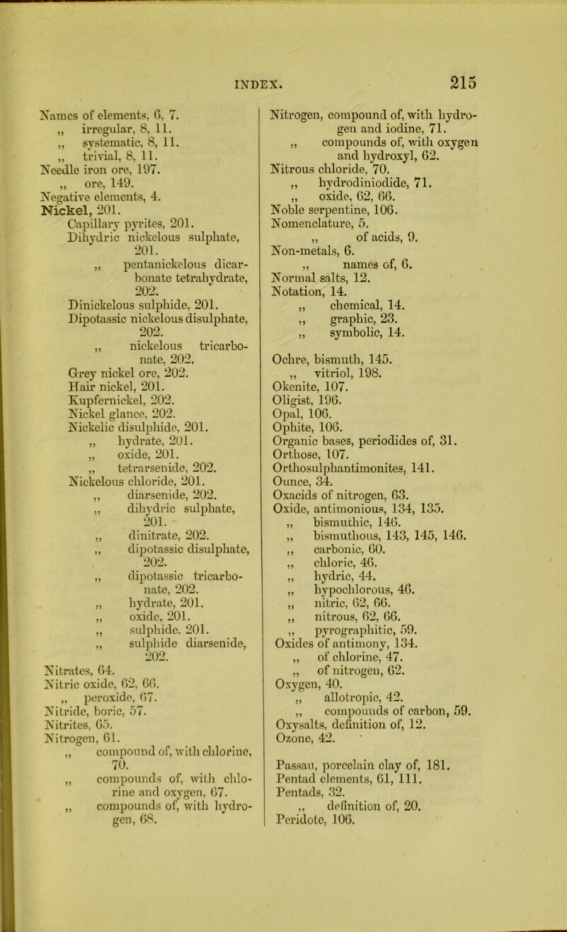 Names of elements, 6, 7. ,, irregular, 8, 11. „ systematic, 8, 11. ,, trivial, 8, 11. Needle iron ore, 197. „ ore, 149. Negative elements, 4. Nickel, 201. Capillary pyrites, 201. Dibydric nickelous sulphate, 201. „ pentanickelous dicar- bonate tetrahydrate, 202. Dinickelous sulphide, 201. Dipotassic nickelous disulphate, 202. ,, nickelous tricarbo- nate, 202. Grey nickel ore, 202. Hair nickel, 201. Kupfernickel, 202. Nickel glance, 202. Nickelic disulphide, 201. ,, hydrate, 201. „ oxide, 201. „ tetrarsenide, 202. Nickelous chloride, 201. ,, diarsenide, 202. ., dihydric sulphate, 201. - ,, dinitrate, 202. ,, dijjotassic clisulphate, 202. „ dipotassic tricarbo- nate, 202. ,, hydrate, 201. „ oxide, 201. ,, sulphide. 201. ,, sulphide diarsenide, 202. Nitrates, G4. Nitric oxide, 02, GO. „ peroxide, 07. Nitride, boric, 57. Nitrites, 05. Nitrogen, 01. ,, compound of, with chlorine, 70. „ compounds of, witli chlo- rine and oxygen, 07. ,, compounds of, with hydro- gen, 08. Nitrogen, compound of, with hydro- gen and iodine, 71. „ compounds of, v/ith oxygen and hydroxyl, 02. Nitrous chloride, 70. ,, hydrodiniodide, 71. „ oxide, 02, 00. Noble serpentine, 106. Nomenclature, 5. ,, of acids, 9. Non-metals, 6. ,, names of, 0. Normal salts, 12. Notation, 14. „ chemical, 14. ,, graphic, 23. „ symbolic, 14. Ochre, bismuth, 145. ,, vitriol, 198. Okenite, 107. Oligist, 196. Opal, 106. Ophite, 106. Organic bases, periodides of, 31. Orthose, 107. Orthosulphantimonites, 141. Ounce, 34. Oxacids of nitrogen, 63. Oxide, antimonious, 134, 135. „ bismuthic, 146. „ bismuthous, 143, 145, 146. ,, carbonic, 60. „ chloric, 46. ,, hydric, 44. ,, hypochlorous, 46. ,, nitric, 62, 06. ,, nitrous, 02, 06. ,, pyx’Ographitic, 59. Oxides of antimony, 134. ,, of chlorine, 47. ,, of nitrogen, 62. Oxygen, 40. „ allotropic, 42. ,, compounds of carbon, 59. Oxysalts, definition of, 12. Ozone, 42. Passau, porcelain clay of, 181. Pentad elements, 01, 111. Pentads, .32. ,, definition of, 20. Peridote, 106.