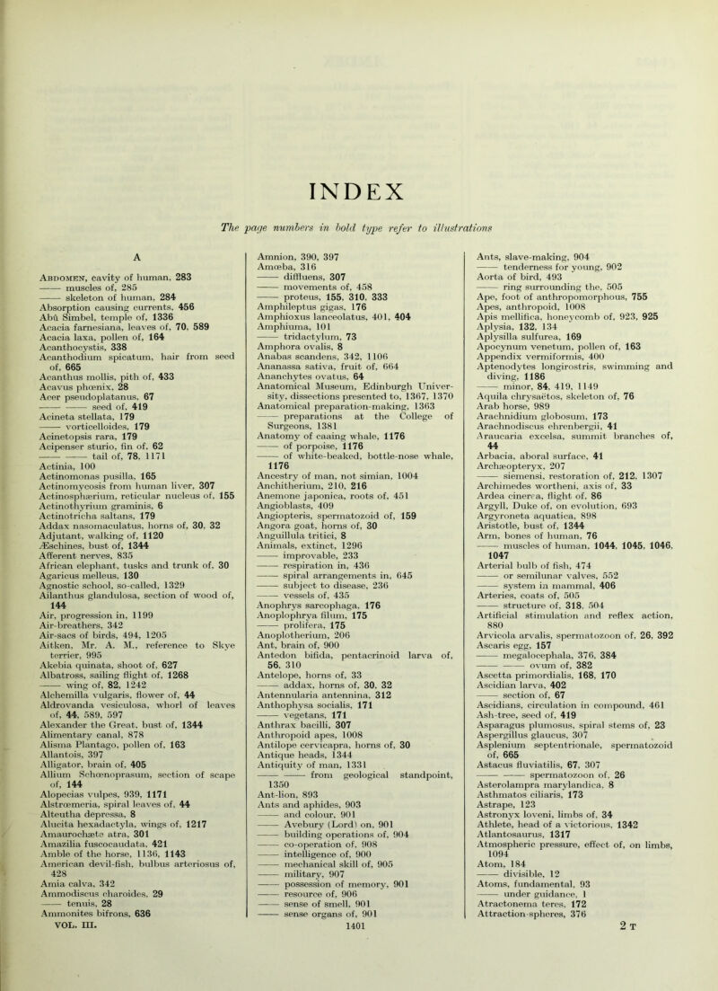 INDEX The par/e numbers in bold type refer to illustrations A Abdomen, cavity of human, 283 muscles of, 285 skeleton of human, 284 Absorption causing currents, 456 Abu Simbel, temple of, 1336 Acacia farnesiana, leaves of, 70. 589 Acacia laxa, pollen of, 164 Acanthocystis, 338 Acanthodium spicatum, hair from seed of, 665 Acanthus mollis, pith of, 433 Acavus phcenix, 28 Acer pseudoplatanus. 67 ——- seed of, 419 Acineta stellata, 179 vorticelloides, 179 Acinetopsis rara, 179 Acipenser sturio, fin of. 62 tail of, 78, 1171 Actinia, 100 Actinomonas pusilla, 165 Actinomycosis from human liver, 307 Actinosphaerium, reticular nucleus of, 155 Actinothyrium graminis, 6 Actinotricha saltans, 179 Addax nasomaculatus, horns of, 30, 32 Adjutant, walking of, 1120 ASschines, bust of, 1344 Afferent nerves, 835 African elephant, tusks and trunk of, 30 Agaricus melleus, 130 Agnostic school, so-called, 1329 Ailanthus glandulosa, section of wood of, 144 Air, progression in, 1199 Air-breathers, 342 Air-sacs of birds, 494, 1205 Aitken, Mr. A. M., reference to Skye terrier, 995 Akebia quinata, shoot of, 627 Albatross, sailing flight of, 1268 wing of, 82. 1 242 Alchemilla vulgaris, flower of, 44 Aldrovanda vesiculosa, whorl of leaves of, 44, 589, 597 Alexander the Great, bust of, 1344 Alimentary canal, 878 Alisma Plantago, pollen of, 163 Allantois, 397 Alligator, brain of, 405 Allium Schoenoprasum, section of scape of, 144 Alopecias vulpes, 939, 1171 Alstroemeria, spiral leaves of, 44 Alteutha depressa, 8 Alucita hexadactyla, wings of, 1217 Amaurochaete atra, 301 Amazilia fuscocaudata. 421 Amble of the horse, 1136, 1143 American devil-fish, bulbus arteriosus of, 428 Amia calva, 342 Ammodiscus charoides, 29 tenuis. 28 Ammonites bifrons. 636 vol. m. Amnion, 390, 397 Amoeba, 316 diffluens, 307 movements of, 458 proteus, 155, 310, 333 Amphileptus gigas, 176 Amphioxus lanceolatus, 401, 404 Amphiuma, 101 tridactylum, 73 Amphora ovalis, 8 Anabas scandens, 342, 1106 Ananassa sativa, fruit of, 664 Ananchytes ovatus, 64 Anatomical Museum, Edinburgh Univer- sity, dissections presented to, 1367. 1370 Anatomical preparation-making, 1363 preparations at the College of Surgeons, 1381 Anatomy of caaing whale, 1176 of porpoise, 1176 of white-beaked, bottle-nose whale, 1176 Ancestry of man, not simian, 1004 Anchitherium, 210, 216 Anemone japonica, roots of, 451 Angioblasts, 409 Angiopteris, spermatozoid of, 159 Angora goat, horns of, 30 Anguillula tritici, 8 Animals, extinct, 1296 improvable, 233 respiration in, 436 spiral arrangements in, 645 subject to disease, 236 vessels of, 435 Anophrys sarcophaga, 176 Anoplophrya filum, 175 prolifera, 175 Anoplotherium, 206 Ant, brain of, 900 Antedon bifida, pentacrinoid larva of, 56, 310 Antelope, horns of, 33 addax, horns of, 30, 32 Antennularia antennina, 312 Anthophysa socialis, 171 vegetans, 171 Anthrax bacilli, 307 Anthropoid apes, 1008 Antilope cervicapra, horns of, 30 Antique heads, 1344 Antiquity of man, 1331 from geological standpoint, 1350 Ant-lion, 893 Ants and aphides, 903 and colour, 901 Avebury (Lord) on, 901 building operations of, 904 co-operation of, 908 intelligence of, 900 mechanical skill of, 905 military, 907 possession of memory, 901 —— resource of, 906 sense of smell, 901 sense organs of, 901 1401 Ants, slave-making, 904 tenderness for young, 902 Aorta of bird, 493 ring surrounding the, 505 Ape, foot of anthropomorphous, 755 Apes, anthropoid, 1008 Apis mellifica, honeycomb of, 923, 925 Aplysia, 132, 134 Aplysilla sulfurea, 169 Apocynum venetum, pollen of, 163 Appendix vermiformis, 400 Aptenodvtes longirostris, swimming and diving, 1186 minor, 84, 419, 1149 Aquila chrysaetos, skeleton of, 76 Arab horse, 989 Arachnidium globosum, 173 Arachnodiscus ehrenbergii. 41 Araucaria excelsa, summit branches of, 44 Arbacia, aboral surface, 41 Archaeopteryx, 207 siemensi, restoration of, 212. 1307 Archimedes wortheni, axis of, 33 Ardea cinerca, flight of, 86 Argyll, Duke of, on evolution, 693 Argyroneta aquatica, 898 Aristotle, bust of, 1344 Arm, bones of human, 76 muscles of human, 1044. 1045. 1046, 1047 Arterial bulb of fish, 474 or semilunar valves, 552 system in mammal, 406 Arteries, coats of, 505 structure of, 318, 504 Artificial stimulation and reflex action, 880 Arvicola arvalis, spermatozoon of, 26, 392 Ascaris egg, 157 megalocephala, 376. 384 ovum of, 382 Ascetta primordialis, 168, 170 Ascidian larva, 402 section of, 67 Ascidians, circulation in compound, 461 Ash-tree, seed of, 419 Asparagus plumosus, spiral stems of, 23 Aspergillus glaucus, 307 Asplenium septentrionale, spermatozoid of, 665 Astacus fluviatilis, 67. 307 spermatozoon of, 26 Asterolampra marylandica, 8 Asthmatos ciliaris, 173 Astrape, 123 Astronyx loveni, limbs of, 34 Athlete, head of a victorious, 1342 Atlantosaurus, 1317 Atmospheric pressure, effect of, on limbs, 1094 Atom, 184 divisible, 12 Atoms, fundamental, 93 under guidance, 1 Atractonema teres, 172 Attraction-spheres, 376 2 T