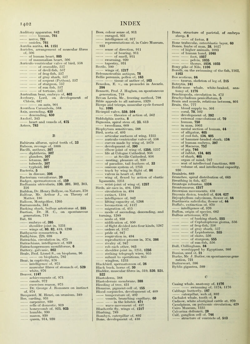 Auditory apparatus, 842 human, 761 nerve, 761 ossicles, 761 Aurelia aurita, 44, 1151 Auricles, arrangement of muscular fibres of, 506 of human heart, 885 of mammalian heart, 506 Auriculo-ventricular valve of bird, 558 of crocodile, 557 of devil-fish, 557 ——- of frog-fish, 557 of gray shark, 557 of serpent (Python), 557 ——- of sturgeon, 557 of sun fish, 557 of tortoise, 557 Australian bear, embryo of, 402 Avebury, Lord, on development of Chloen, 687 on ants, 901 Averrhoa Carambola, 588 Axis, ascending, 430 descending, 430 Axolotl, 343 heart and vessels of, 475 Aztecs, 783 B Babirusa alfurus, spiral teeth of, 33 Baboon, revenge of, 1006 Bacilli, anthrax, 307 diphtheria, 307 glanders, 307 tetanus, 307 tubercle, 307 typhoid, 307 Bacteria, 5 in disease, 306 Bacterium vermiforme, 20 Badger, spermatozoon of, 159 Badhamia utricularis, 130, 301, 302, 303, 316 Baildon, Dr. Henry Bellyse, on Nature, 370 Balfour, Mr. Arthur j., on Theory of Matter, 186 Balloon, Montgolfier, 1205 Barramunda, 343 Basking shark, bulbus arteriosus of, 555 Bastian, Dr. H. C., on spontaneous generation, 719 Bat, 84 embryo of. 395 shoulder-joint in, 1251 wings of, 80. 82, 419, 1290 Bathyactis symmetrica, 9 Bathybius, 229, 698 Batrachia, circulation in, 475 Batrachians, intelligence of, 939 Batrachospermum moniliforme, 6 Battery, galvanic, 862 Beale, Prof. Lionel S., on bioplasm, 96 on bioplasts, 792 Bear, in captivity, 976 intelligence of, 975 muscular fibres of stomach of, 529 white, 976 Beaver, 1147 achievements of, 971 canals, 972 exercises reason, 975 Dr. George J. Romanes on instinct of, 974 Becquerel, M. Henri, on uranium, 349 Bee, carding, 931 carpenter, 930 cells of domestic, 919 honeycomb of, 923, 925 humble, 930 mason, 930 —-— queen, 914, 920 Bees, colour sense of, 911 —-— enraged, 931 —-— intelligence of, 917 representations of, in Cairo Museum, 933 sense of direction, 911 of hearing, 911 of smell, 911 swarming, 920 tapestry, 931 Beetle, 100 wings of, 1217 Belemnoteuthis antiqua, 78 Beilis perennis, pollen of, 163 tissue of anther of, 163 Beneden, E. v., on pronuclei in Ascaris, 384 Bennett, Prof. J. Hughes, on spontaneous generation, 719 Bevan Lewis, Mr., freezing method, 798 Bible appeals to all natures, 1329 Biceps and triceps, muscular cycle formed by, 1095 Bicuspid valve, 559, 564 theories of action of, 562 Biddulphia aurita, 8 Bignonia, spiral stem of, 23, 613 tweediana, 609 Biophytum sensitivum, 588 Bird, aorta of, 493 articular surfaces of wing, 1255 auriculo-ventricular valve of, 558 curves made by wing of, 1079 —-— development of, 390 elbow-joint of wing of, 1256, 1257 —-— life at Cologne Cathedral, 956 at Seville Cathedral, 956 -nesting, pleasure of, 950 of paradise, tail feathers of, 33 osseous system of, 1253 track by wing in flight of, 86 valves in heart of, 493 wing of, flexed by action of elastic ligaments, 1251 wrist-joint of wing of, 1257 Birds, air-sacs in, 494, 1205 circulation in, 494 extinct, 1304 intelligence of, 942 lifting capacity of, 1288 locomotion of, 1117 migration of, 415 mode of ascending, descending, and turning, 1289 nests of, 950 nidification of, 950 of flight divided into four kinds, 1267 orders of, 1117 pride of, 947 respiration in, 494 reproductive process in, 374, 386 —-— rivalry of, 947 rob each other, 943 shoulder-joint in, 1251, 1256 striking telegraph wires, 955 submit to operations, 955 wingless, 1253 Blackbird, spermatozoon of, 26 Black buck, horns of, 30 Bladder, muscular fibres in, 519, 520, 521, 522 Blastoderm, 388 Blastodermic membrane, 388 Bleeding of tree, 431 Blennius, pigment-cell of, 155 Blood corpuscles, development of, 409 temperature of, 492 vessels, branching capillary, 60 in the lobster, 471 wave-movement of, 497 Bluebottle fly, wings of, 1217 Blushing, 789 Bombyx, caterpillar of, 892 Bone, development of, 410 Bone, structure of parietal, of embryo sheep, 8 of foetus, 8 Bone trabeculae, osteoblastic layer, 60 Bones, limbs of man, 38, 1027 of higher animals, 1093 of human hand, 1048 foot, 1057 pelvis, 1035 thorax, 1034, 1035 Bony pike of Nile, 1106 Borelli, on the swimming of the fish, 1162, 1163 Bos scoticus, 84 taurus, skeleton of leg of, 215 Botrytis, 141 Bottle-nose whale, white-beaked, ana- tomy of, 1176 Brachiopoda, circulation in, 472 Brachycladium penicillatum, 5 Brain and muscle, relations between, 801 Brain, the, 777 blood supply to, 501 coral, 70, 102 development of, 392 external convolutions of, 70 human, 750 —■— in man, 1003 mesial section of human, 44 of alligator, 405 of cod-fish, 134, 405 of hammer-headed shark, 134 of human embryo, 397 of Macacus, 752 of pig, 746 of rabbit, 134. 405 of shark, 405 organ of mind, 767 seat of intellectual functions, 800 volume of, and intellectual capacity, 936 Brainlets, 889 Branches, spiral distribution of, 665 Breathing in fish, 427 Brontops robustus, 1324 Brontosaurus, 1317 Brownian movements, 458 Bryonia clioica, tendril of, 614. 627 Bryophyllum calyeinum, flower of, 44 Buettneria salicifolia, flower of, 44 Buffalo, extinction of, 970 intelligence of, 970 Buffon, origin of species, 682 Bulbus arteriosus, 473 of basking shark, 555 of Cephalopterus giorna, 556 of frog-fish, 556 of gray shark, 557 of Lepidosteus, 555 —— of skate, 556 of sturgeon, 555 of sun-fish, 556 Bull, C'hillingham, 84 worshipped by Egyptians, 986 Bunias, seed of, 21 Burke, Mr. J. Butler, on spontaneous gene ration, 721 Butterwort, 596 Byblis gigantea, 599 C Caaing whale, anatomy of, 1176 swimming of, 1174, 1176 Cabbage butterfly, 147 caterpillar, web of, 892 Cachalot whale, tooth of, 9 Cadzow, white aboriginal cattle at, 970 Csesalpinus, on pulmonic circulation, 429 Cairo Museum, 1335 Calcarina defraneii, 28 Calf, ganglion cell of, 746 — structure of ventricle of, 513