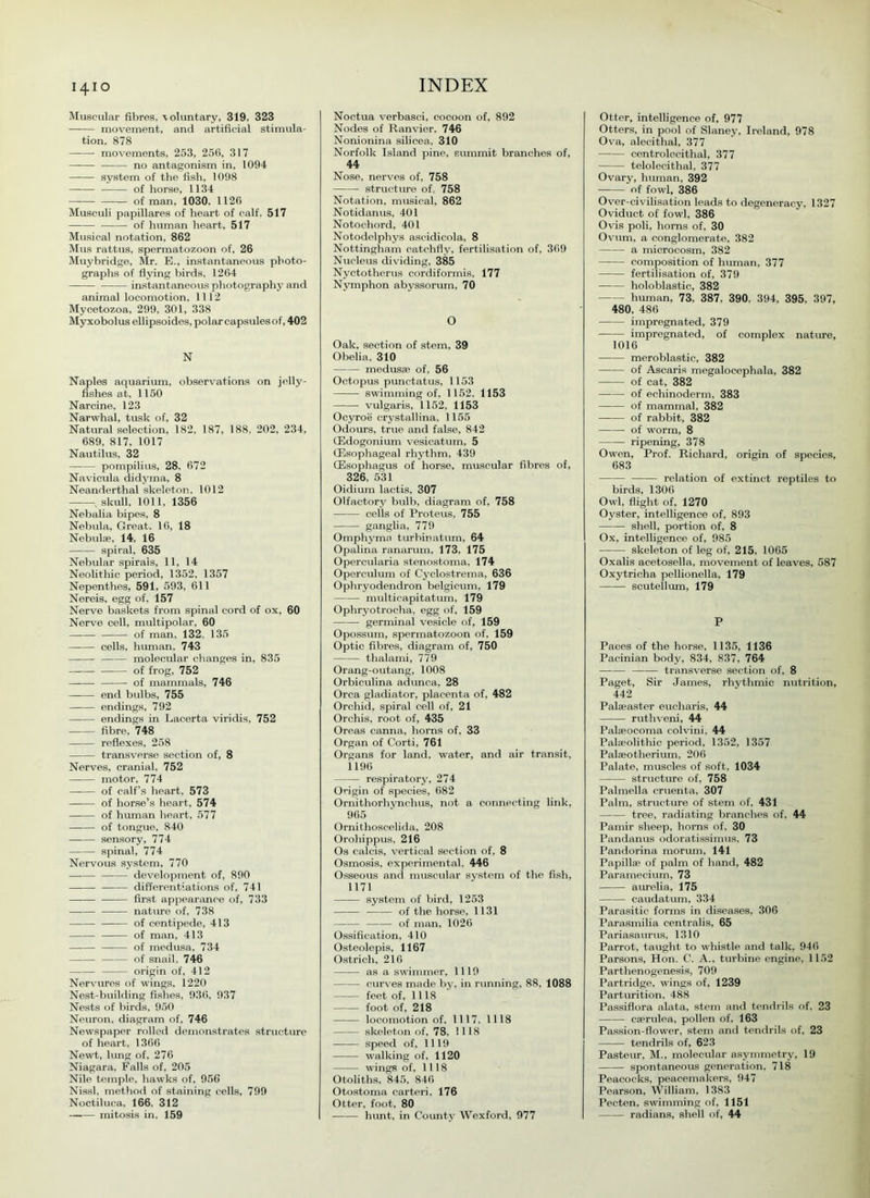 Muscular fibres, ■voluntary, 319, 323 movement, and artificial stimula- tion, 878 movements, 253, 256, 317 —-— no antagonism in, 1094 system of the fish, 1098 of horse, 1134 —■— of man, 1030. 1126 Musculi papillares of heart of calf. 517 of human heart, 517 Musical notation, 862 Mus rattus, spermatozoon of, 26 Muybridge, Mr. E., instantaneous photo- graphs of flying birds, 1264 —— instantaneous photography and animal locomotion, 1112 Mycetozoa, 299, 301, 338 Myxobolus ellipsoides, polar capsules of, 402 N Naples aquarium, observations on jelly- fishes at, 1150 Narcine, 123 Narwhal, tusk of, 32 Natural selection, 182, 187, 188, 202, 234, 689, 817, 1017 Nautilus, 32 pompilius, 28. 672 Navicula didyma, 8 Neanderthal skeleton, 1012 , skull, 1011, 1356 Nebalia bipes, 8 Nebula, Great. 16, 18 Nebulae, 14, 16 spiral, 635 Nebular spirals, 11, 14 Neolithic period, 1352, 1357 Nepenthes, 591, 593, 611 Nereis, egg of. 157 Nerve baskets from spinal cord of ox, 60 Nerve cell, multipolar, 60 of man, 132, 135 —-— cells, human, 743 molecular changes in, 835 of frog, 752 of mammals, 746 end bulbs, 755 endings, 792 endings in Lacerta viridis, 752 fibre, 748 reflexes, 258 transverse section of, 8 Nerves, cranial, 752 motor, 774 —— of calf’s heart, 573 of horse’s heart, 574 of human heart, 577 of tongue, 840 sensory, 774 spinal, 774 Nervous system, 770 development of, 890 differentiations of, 741 first appearance of, 733 nature of, 738 of centipede, 413 of man, 413 of medusa, 734 of snail, 746 origin of, 412 Nervures of wings, 1220 Nest-building fishes, 936, 937 Nests of birds, 950 Neuron, diagram of, 746 Newspaper rolled demonstrates structure of heart, 1366 Newt, lung of, 276 Niagara, Falls of, 205 Nile temple, hawks of, 956 Nissl, method of staining cells, 799 Noctiluca, 166. 312 mitosis in, 159 Noctua verbasci, cocoon of, 892 Nodes of Ranvier, 746 Nonionina silicea. 310 Norfolk Island pine, summit branches of, 44 Nose, nerves of, 758 structure of, 758 Notation, musical, 862 Notidanus, 401 Notochord, 401 Notodelpliys ascidicola, 8 Nottingham catchfly, fertilisation of, 369 Nucleus dividing, 385 Nvctotherus cordiformis, 177 Nymphon abyssorum, 70 O Oak, section of stem, 39 Obelia, 310 medusae of, 56 Octopus punctatus, 1153 swimming of, 1152, 1153 vulgaris, 1152, 1153 Ocyroe crystallina. 1155 Odours, true and false, 842 (Edogonium vesicatum, 5 (Esophageal rhythm, 439 (Esophagus of horse, muscular fibres of, 326, 531 Oidium lactis, 307 Olfactory bulb, diagram of, 758 cells of Proteus, 755 ganglia, 779 Omphymn turbinatum, 64 Opalina ranarum, 173. 175 Opercularia stenostoma, 174 Operculum of Cyclostrema, 636 Ophryodendron belgicum, 179 multicapitatum, 179 Ophryotrocha, egg of, 159 germinal vesicle of, 159 Opossum, spermatozoon of, 159 Optic fibres, diagram of, 750 thalami, 779 Orang-outang, 1008 Orbiculina adunca, 28 Orca gladiator, placenta of, 482 Orchid, spiral cell of, 21 Orchis, root of, 435 Oreas canna, horns of, 33 Organ of Corti, 761 Organs for land, water, and air transit, 1196 respiratory, 274 Origin of species, 682 Ornithorhynchus, not a connecting link, 965 Ornithoscelida, 208 Orohippus, 216 Os calcis, vertical section of. 8 Osmosis, experimental. 446 Osseous and muscular system of the fish, 1171 system of bird, 1253 of the horse, 1131 of man, 1026 Ossification, 410 Osteolepis, 1167 Ostrich, 216 as a swimmer, 1119 curves made by, in running, 88, 1088 feet of, 1118 foot of, 218 locomotion of, 1117, 1118 skeleton of, 78, 1118 speed of, 1119 walking of, 1120 wings of, 1118 Otoliths, 845, 846 Otostoma carteri, 176 Otter, foot, 80 hunt, in County Wexford, 977 Otter, intelligence of, 977 Otters, in pool of Slaney, Ireland, 978 Ova, alecithal, 377 centrolecithal, 377 telolecithal, 377 Ovary, human, 392 of fowl, 386 Over-civilisation leads to degeneracy, 1327 Oviduct of fowl, 386 Ovis poli, horns of, 30 Ovum, a conglomerate. 382 a microcosm, 382 composition of human, 377 fertilisation of, 379 holoblastic, 382 human, 73, 387. 390. 394, 395, 397, 480, 486 impregnated, 379 impregnated, of complex nature, 1016 meroblastic, 382 of Ascaris megalocephala, 382 of cat, 382 of echinoderm, 383 of mammal, 382 of rabbit, 382 of worm, 8 ripening, 378 Owen, Prof. Richard, origin of species, 683 relation of extinct reptiles to birds, 1306 Owl, flight of, 1270 Oyster, intelligence of, 893 — shell, portion of, 8 Ox, intelligence of, 985 skeleton of leg of, 215, 1065 Oxalis acetosella, movement of leaves, 587 Oxytricha, pellionella, 179 scutellum, 179 P Paces of the horse, 1135, 1136 Pacinian body, 834, 837, 764 transverse section of, 8 Paget, Sir James, rhythmic nutrition, 442 Palseaster eucharis, 44 ruthveni, 44 Palseocoma colvini, 44 Palaeolithic period, 1352, 1357 Palaeotherium, 206 Palate, muscles of soft, 1034 structure of, 758 Palmella cruenta, 307 Palm, structure of stem of, 431 tree, radiating branches of, 44 Pamir sheep, horns of, 30 Pandanus odoratissimus, 73 Pandorina morum, 141 Papillae of palm of hand, 482 Paramecium, 73 aruelia, 175 eaudatum, 334 Parasitic forms in diseases, 306 Parasmilia centralis, 65 Pariasaurus, 1310 Parrot, taught to whistle and talk, 946 Parsons, Hon. C. A., turbine engine, 1152 Parthenogenesis, 709 Partridge, wings of, 1239 Parturition. 488 Passiflora alata, stem and tendrils of, 23 cserulea, pollen of, 163 Passion-flower, stem and tendrils of, 23 tendrils of, 623 Pasteur, M., molecular asymmetry, 19 spontaneous generation, 718 Peacocks, peacemakers, 947 Pearson, William, 1383 Pecten, swimming of, 1151 radians, shell of, 44