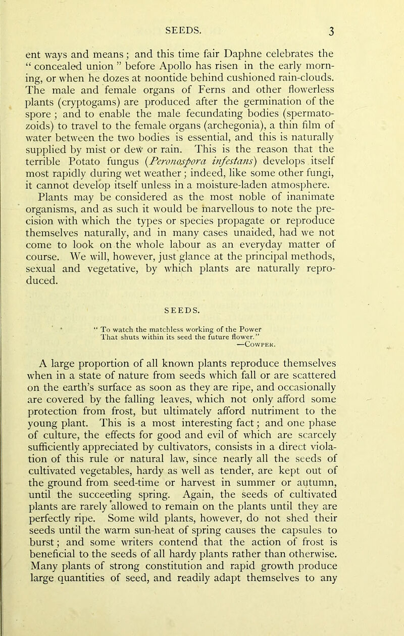 ent ways and means; and this time fair Daphne celebrates the “ concealed union ” before Apollo has risen in the early morn- ing, or when he dozes at noontide behind cushioned rain-clouds. The male and female organs of Ferns and other flowerless plants (cryptogams) are produced after the germination of the spore ; and to enable the male fecundating bodies (spermato- zoids) to travel to the female organs (archegonia), a thin film of water between the two bodies is essential, and this is naturally supplied by mist or deW or rain. This is the reason that the terrible Potato fungus [Ferono^pora i/ifestans) develops itself most rapidly during wet weather; indeed, like some other fungi, it cannot develop itself unless in a moisture-laden atmosphere. Plants may be considered as the most noble of inanimate organisms, and as such it would be inarvellous to note the pre- cision with which the types or species propagate or reproduce themselves naturally, and in many cases unaided, had we not come to look on the whole labour as an everyday matter of course. We will, however, just glance at the principal methods, sexual and vegetative, by which plants are naturally repro- duced. SEEDS. “ To watch the matchless working of the Power That shuts within its seed the future flower.” —COWPEK. A large proportion of all known plants reproduce themselves when in a state of nature from seeds which fall or are scattered on the earth’s surface as soon as they are ripe, and occasionally are covered by the falling leaves, which not only afford some protection from frost, but ultimately afford nutriment to the young plant. This is a most interesting fact; and one phase of culture, the effects for good and evil of which are scarcely sufficiently appreciated by cultivators, consists in a direct viola- tion of this rule or natural law, since nearly all the seeds of cultivated vegetables, hardy as well as tender, are kept out of the ground from seed-time or harvest in summer or autumn, until the succeeding spring. Again, the seeds of cultivated plants are rarely allowed to remain on the plants until they are perfectly ripe. Some wild plants, however, do not shed their seeds until the warm sun-heat of spring causes the capsules to burst; and some WTiters contend that the action of frost is beneficial to the seeds of all hardy plants rather than otherwise. Many plants of strong constitution and rapid growth produce large quantities of seed, and readily adapt themselves to any