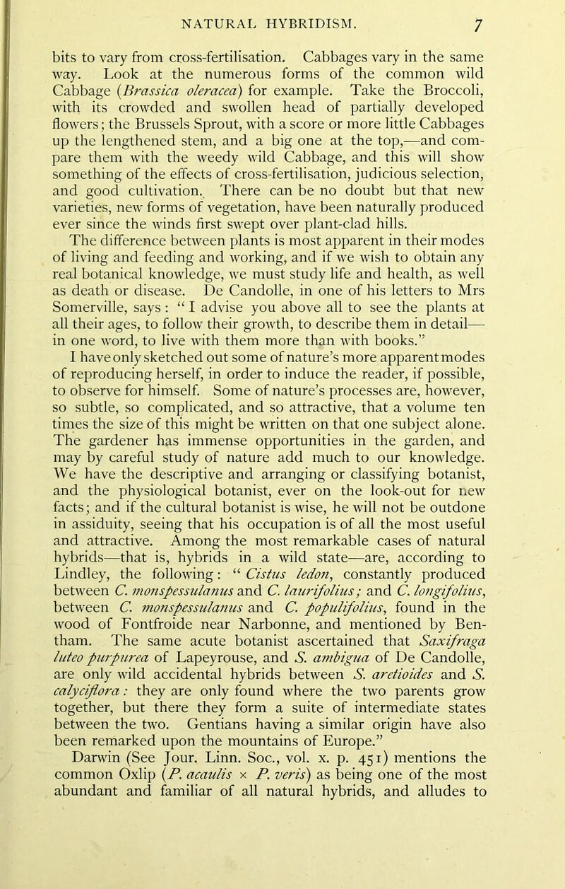 bits to vary from cross-fertilisation. Cabbages vary in the same way. Look at the numerous forms of the common wild Cabbage (Brassica oleracea) for example. Take the Broccoli, with its crowded and swollen head of partially developed flowers; the Brussels Sprout, with a score or more little Cabbages up the lengthened stem, and a big one at the top,-—and com- pare them with the weedy wild Cabbage, and this will show something of the effects of cross-fertilisation, judicious selection, and good cultivation. There can be no doubt but that new varieties, new forms of vegetation, have been naturally produced ever since the winds first swept over plant-clad hills. The difference between plants is most apparent in their modes of living and feeding and working, and if we wish to obtain any real botanical knowledge, we must study life and health, as well as death or disease. De Candolle, in one of his letters to Mrs Somerville, says : “ I advise you above all to see the plants at all their ages, to follow their growth, to describe them in detail— in one word, to live with them more than with books.” I have only sketched out some of nature’s more apparent modes of reproducing herself, in order to induce the reader, if possible, to observe for himself. Some of nature’s processes are, however, so subtle, so complicated, and so attractive, that a volume ten times the size of this might be written on that one subject alone. The gardener has immense opportunities in the garden, and may by careful study of nature add much to our knowledge. We have the descriptive and arranging or classifying botanist, and the physiological botanist, ever on the look-out for new facts; and if the cultural botanist is wise, he will not be outdone in assiduity, seeing that his occupation is of all the most useful and attractive. Among the most remarkable cases of natural hybrids—that is, hybrids in a wild state—are, according to Lindley, the following: “ Cistiis ledon, constantly produced between C. vwnspessulanus and C. Iniirifolius; and C. longifolius, between C. monspessulaniis and C. popuUfoliiis^ found in the wood of Fontfroide near Narbonne, and mentioned by Ben- tham. The same acute botanist ascertained that Saxifraga luteo pjirp7irea of Lapeyrouse, and A. ambigua of De Candolle, are only wild accidental hybrids between A. aretioides and S. calyciflora: they are only found where the two parents grow together, but there they form a suite of intermediate states between the two. Gentians having a similar origin have also been remarked upon the mountains of Europe.” Darwin (See Jour. Linn. Soc., vol. x. p. 451) mentions the common Oxlip {^P. acaiilis x P. veris) as being one of the most abundant and familiar of all natural hybrids, and alludes to