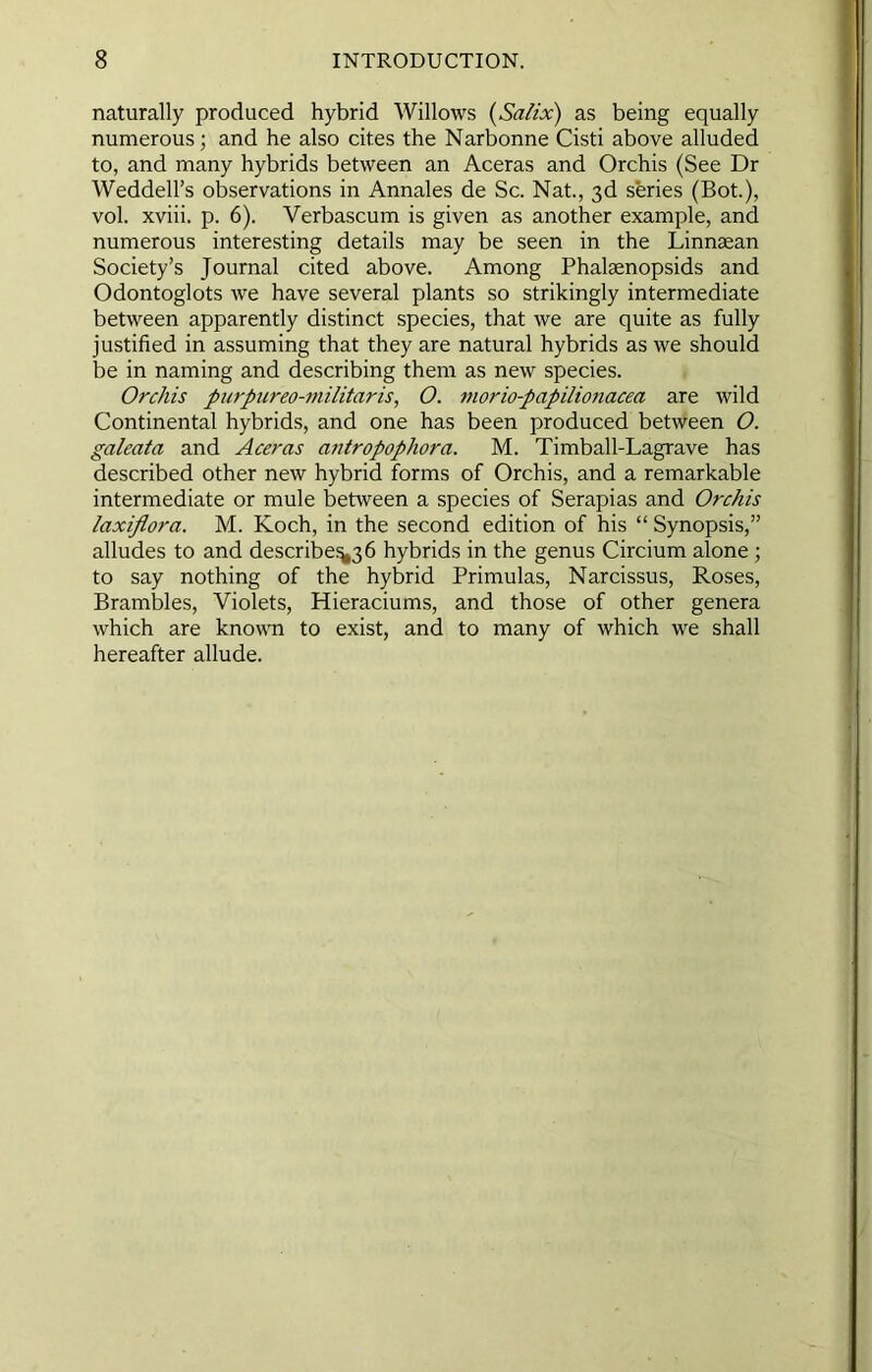 naturally produced hybrid Willows {Salix) as being equally numerous; and he also cites the Narbonne Cisti above alluded to, and many hybrids between an Aceras and Orchis (See Dr Weddell’s observations in Annales de Sc. Nat., 3d series (Bot.), vol. xviii. p. 6). Verbascum is given as another example, and numerous interesting details may be seen in the Linnsean Society’s Journal cited above. Among Phalgenopsids and Odontoglots we have several plants so strikingly intermediate between apparently distinct species, that we are quite as fully justified in assuming that they are natural hybrids as we should be in naming and describing them as new species. Orchis purpureo-militaris, O. moriopapilionacea are wild Continental hybrids, and one has been produced between O. galeata and Aceras antropophora. M. Timball-Lagrave has described other new hybrid forms of Orchis, and a remarkable intermediate or mule between a species of Serapias and Orchis laxiflora. M. Koch, in the second edition of his “ Synopsis,” alludes to and describe%36 hybrids in the genus Circium alone ; to say nothing of the hybrid Primulas, Narcissus, Roses, Brambles, Violets, Hieraciums, and those of other genera which are knowm to exist, and to many of which we shall hereafter allude.