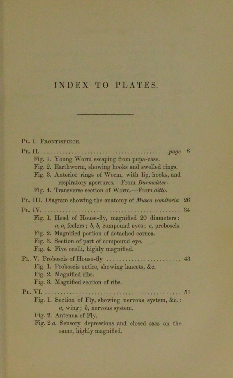 INDEX TO PLATES. Pl. I. Frontispiece. Pl. II page 8 Fig. 1. Young Worm escaping from pupa-case. Fig. 2. Earthworm, showing hooks and swelled rings. Fig. 8. Anterior rings of Worm, with lip, hooks, and respiratory apertures.—From Surmeister. Fig. 4. Transverse section of Worm.—From ditto. Pl. III. Diagram showing the anatomy of Musca vomitoria 2(5 Pl. IV 34 Fig. 1. Head of House-fly, magnified 20 diameters: a, a, feelers; b, b, compound eyes; c, proboscis. Fig. 2. Magnified portion of detached cornea. Fig. 3. Section of part of compound eye. Fig. 4. Five ocelli, highly magnified. Pl. V. Proboscis of House-fly 43 Fig. 1. Proboscis entire, showing lancets, &c. Fig. 2. Magnified ribs. Fig. 3. Magnified section of ribs. Pl. VI 51 Fig. 1. Section of Fly, showing nervous system, &c.: a, wing; b, nervous system. Fig. 2. Antenna of Fly. Fig. 2 a. Sensory depressions and closed sacs on the same, highly magnified.