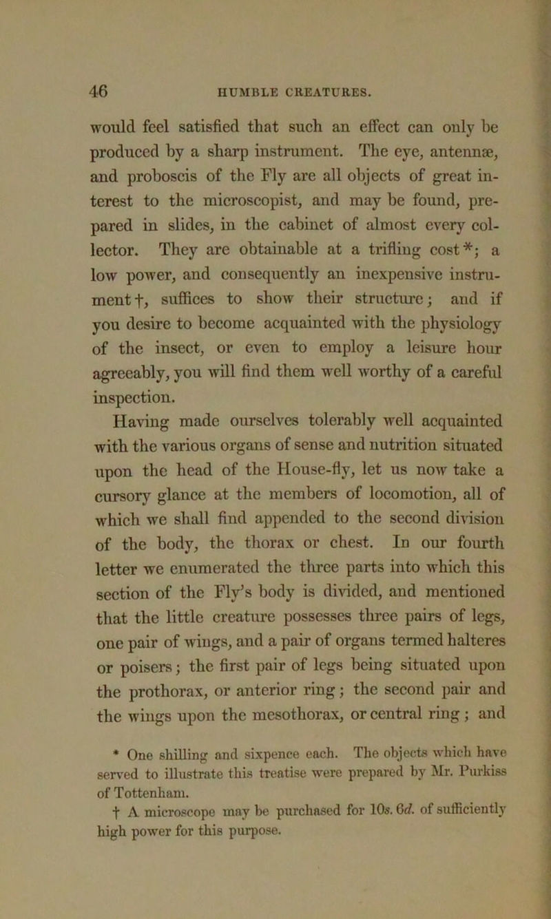 would feel satisfied that such an effect can only he produced by a sharp instrument. The eye, antennae, and proboscis of the Fly are all objects of great in- terest to the mieroscopist, and may he found, pre- pared in slides, in the cabinet of almost every col- lector. They are obtainable at a trifliug cost*; a low power, and consequently an inexpensive instru- ment f, suffices to show their structure; and if you desire to become acquainted with the physiology of the insect, or even to employ a leisure hour agreeably, you will find them well -worthy of a careful inspection. Having made ourselves tolerably well acquainted with the various organs of sense and nutrition situated upon the head of the House-fly, let us now take a cursory glance at the members of locomotion, all of which we shall find appended to the second division of the body, the thorax or chest. In our fourth letter we enumerated the three part3 into which this section of the Fly’s body is divided, and mentioned that the little creature possesses three pairs of legs, one pair of wings, and a pair of organs termed halteres or poisers; the first pair of legs being situated upon the prothorax, or anterior ring; the second pair and the wings upon the mesothorax, or central ring; and * One shilling and sixpence each. The objects which have served to illustrate this treatise were prepared by Mr. Purkiss of Tottenham. t A microscope may be purchased for 10s. Gd. of sufficiently high power for this purpose.
