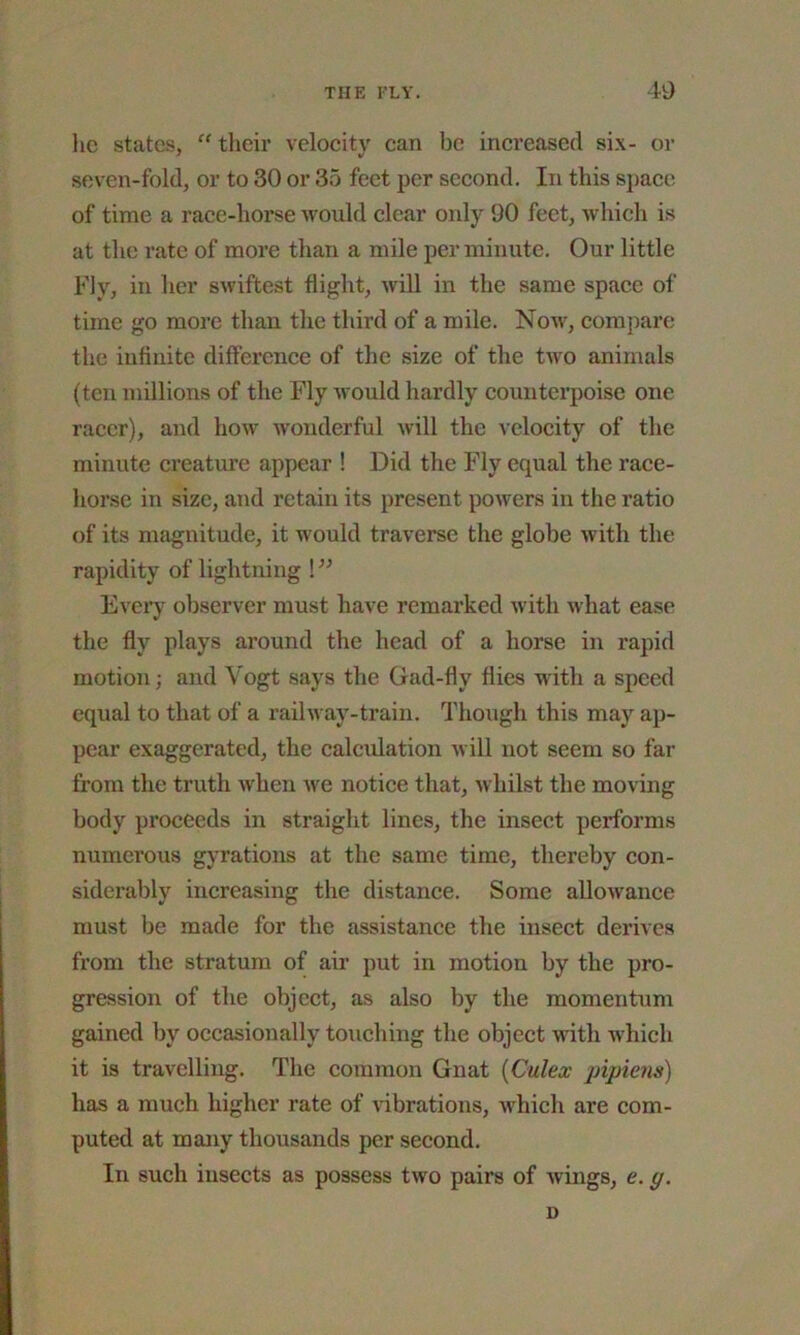 lie states, “ their velocity can be increased six- or seven-fold, or to 30 or 35 feet per second. In this space of time a race-horse would clear only 90 feet, which is at the rate of more than a mile per minute. Our little Fly, in her swiftest flight, will in the same space of time go more than the third of a mile. Now, compare the infinite difference of the size of the two animals (ten millions of the Fly would hardly counterpoise one racer), and how wonderful will the velocity of the minute creature appear ! Did the Fly equal the race- horse in size, and retain its present powers in the ratio of its magnitude, it would traverse the globe with the rapidity of lightning ! ” Every observer must have remarked with what ease the fly plays around the head of a horse in rapid motion; and Vogt says the Gad-fly flies with a speed equal to that of a railway-train. Though this may ap- pear exaggerated, the calculation will not seem so far from the truth when we notice that, whilst the moving body proceeds in straight lines, the insect performs numerous gyrations at the same time, thereby con- siderably increasing the distance. Some allowance must be made for the assistance the insect derives from the stratum of air put in motion by the pro- gression of the object, as also by the momentum gained by occasionally touching the object Avith which it is travelling. The common Gnat (Culex pipiens) has a much higher rate of vibrations, which are com- puted at many thousands per second. In such insects as possess two pairs of wings, e. y. D