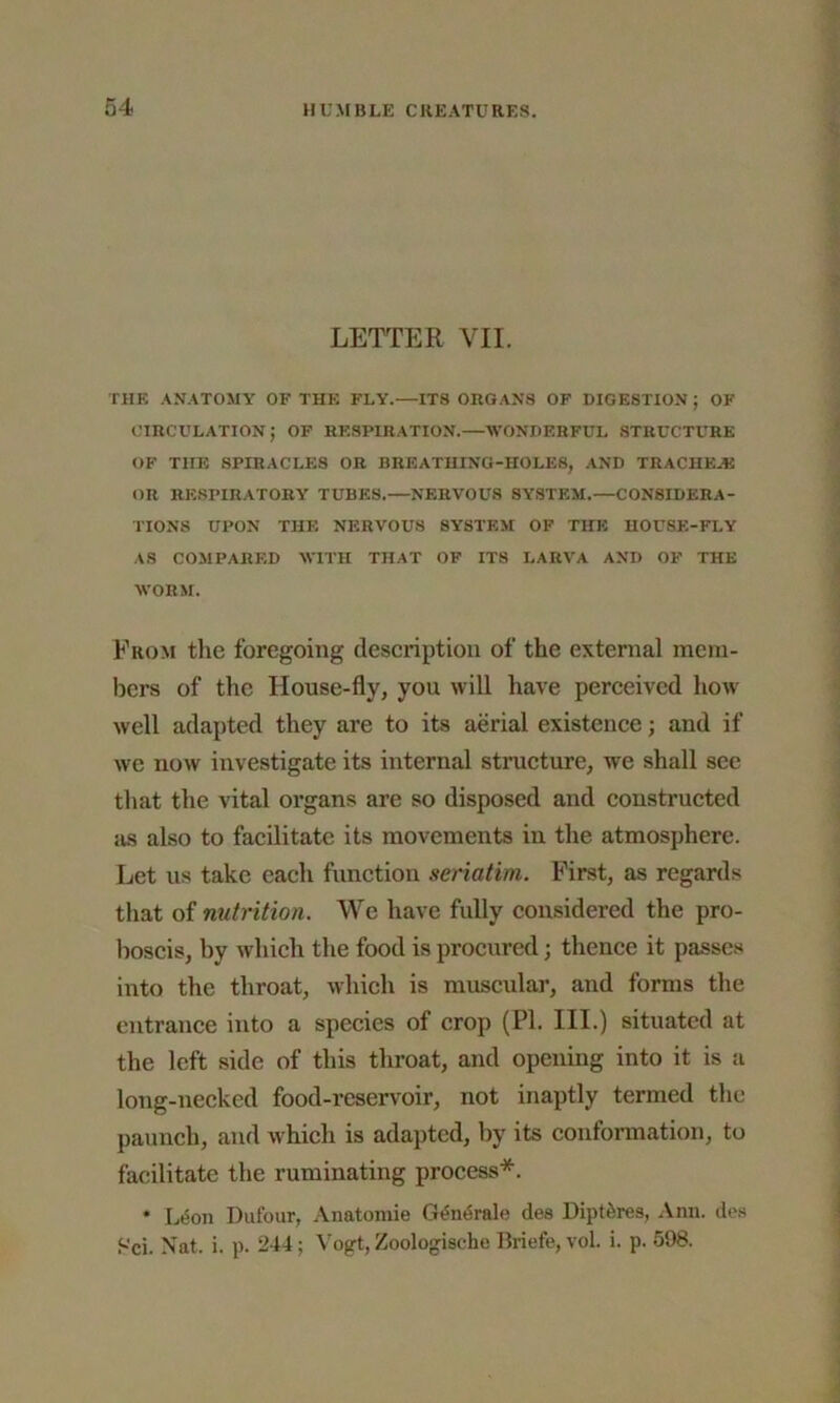 LETTER VII. THE ANATOMY OF THE FLY.—ITS ORGANS OF DIGESTION ; OF CIRCULATION; OF RESPIRATION.—WONDERFUL STRUCTURE OF THE SPIRACLES OR BREATHING-HOLES, AND TRACHEAJ OR RESPIRATORY TUBES.—NERVOUS SYSTEM.—CONSIDERA- TIONS UPON THE NERVOUS SYSTEM OF THE HOUSE-FLY AS COMPARED WITH THAT OF ITS LARVA AND OF THE WORM. From the foregoing description of the external mem- bers of the House-fly, you will have perceived how well adapted they are to its aerial existence; and if we now investigate its internal structure, we shall see that the vital organs are so disposed and constructed as also to facilitate its movements in the atmosphere. Let us take each function seriatim. First, as regards that of nutrition. We have fully considered the pro- boscis, by which the food is procured; thence it passes into the throat, which is muscular, and forms the entrance into a species of crop (PI. III.) situated at the left side of this throat, and opening into it is a long-necked food-reservoir, not inaptly termed the paunch, and which is adapted, by its conformation, to facilitate the ruminating process*. * Leon Dufour, Anatomie GSn<5rale des Dipteres, Ann. des Pci. Nat. i. p. 244 ; Vogt, Zoologische Briefe, vol. i. p. 598.