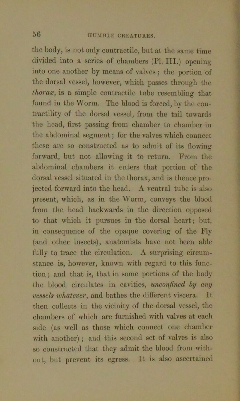 the body, is not only contractile, but at the same time divided into a series of chambers (PI. III.) opening into one another by means of valves ; the portion of the dorsal vessel, however, which passes through the thorax, is a simple contractile tube resembling that found in the Worm. The blood is forced, by the con- tractility of the dorsal vessel, from the tail towards the head, first passing from chamber to chamber in the abdominal segment; for the valves which connect these are so constructed as to admit of its flowing forward, but not allowing it to return. From the abdominal chambers it enters that portion of the dorsal vessel situated in the thorax, and is thence pro- jected forward into the head. A ventral tube is also present, which, as in the Worm, conveys the blood from the head backwards in the direction opposed to that which it pursues in the dorsal heart; but, in consequence of the opaque covering of the Fly (and other insects), anatomists have not been able fully to trace the circulation. A surprising circum- stance is, however, known with regard to this func- tion ; and that is, that in some portions of the body the blood circulates in cavities, unconfined brj any vessels whatever, and bathes the different viscera. It then collects in the vicinity of the dorsal vessel, the chambers of which are furnished with valves at each side (as well as those which connect one chamber with another) ; and this second set of valves is also so constructed that they admit the blood from with- out, but prevent its egress. It is also ascertained