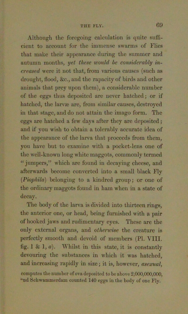 Although the foregoing calculation is quite suffi- cient to account for the immense swarms of Flics that make their appearance during the summer and autumn months, yet these would be considerably in- creased were it not that, from various causes (such as drought, flood, See., and the rapacity of birds and other animals that prey upon them), a considerable number of the eggs thus deposited are never hatched; or if hatched, the larvae are, from similar causes, destroyed in that stage, and do not attain the imago form. The eggs are hatched a few days after they are deposited; and if you wish to obtain a tolerably accurate idea of the appearance of the larva that proceeds from them, you have but to examine with a pocket-lens one of the well-known long white maggots, commonly termed “ jumpers,” which are found in decaying cheese, and afterwards become converted into a small black Fly (Piophila) belonging to a kindred group; or one of the ordinary maggots found in ham when in a state of decay. The body of the larva is divided into thirteen rings, the anterior one, or head, being furnished with a pair of hooked jaws and rudimentary eyes. These are the only external organs, and otherwise the creature is perfectly smooth and devoid of members (PI. VIII. fig. 1 & 1, a). Whilst in this state, it is constantly devouring the substances in which it was hatched, and increasing rapidly in size; it is, however, asexual, computes the number of ova deposited to be above 2,000,000,000, and Schwammerdam counted 140 eggs in the body of one Fly.