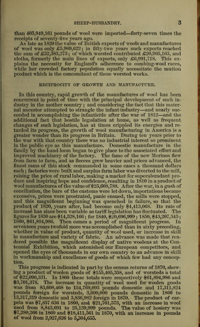 than 405,949,161 pounds of wool were imported—forty-seven times the receipts of seventy-five years ago. As late as 1820 the value of British exports of wools and manufactures of wool was only £5,989,622; in fifty-two years such exports reached the sum of £32,383,273$ of which worsted contributed £20,905,163, and cloths, formerly the main lines of exports, only £6,991,718. This ex- plains the necessity for England’s adherence to combing-wool races, while her crowded factory population equally necessitate the mutton product which is the concomitant of these worsted works. RECIPROCITY OF GROWTH AND MANUFACTURE. In this country, rapid growth of the manufactures of wool has been concurrent in point of time with the principal development of such in- dustry in the mother country; and considering the fact that this mater- nal ancestor attempted to strangle the infant industry—and nearly suc- ceeded in accomplishing the infanticide after the war of 1812—and the additional fact that hostile legislation at home, as well as frequent changes of such legislation, has at times crippled its energies and re- tarded its progress, the growth of wool manufacturing in America is a greater wonder than its progress in Britain. During ten years prior to the war with that country there was no industrial interest so prominent in the public eye as this manufacture. Domestic manufacture in the family by the hand-loom began to give place to the associated effort and improved machinery of the factory. The fame of the new Merinos flew from farm to farm, and as fleeces grew heavier and prices advanced, the finest rams of this stock commanded in some cases a thousand dollars each $ factories were built and surplus farm labor was diverted to the mill, raising the price of rural labor, making a market for superabundant pro- duce and inspiring hope and confidence, resulting in 1810 in a product of wool manufactures of the value of $25,608,788. After the war, in a gush of conciliation, the bars of the customs were let down, importations became excessive, prices were prostrated, panic ensued, the mills were stopped, and this magnificent beginning was quenched in failure, so that the product of 1820, years after, had become only $4,413,068. Its rate of increase has since been variable as tariff-legislation has fluctuated. The figures for 1830 are $14,528,166; for 1840, $20,696,999 ; 1850, $43,207,545; 1860, $61,894,986. Then comes a period of magnificent progress. In seventeen years twofold more was accomplished than in sixty preceding, whether in value of product, quantity of wool used, or increase in skill in manufacture and variety of fabric. An advance was made that ren- dered possible the magnificent display of native woolens at the Cen- tennial Exhibition, winch astonished our European competitors, and opened the eyes of thousands in our own country to an advance in skill in workmanship and excellence of goods of which few had any concep- tion. This progress is indicated in part by tbe census returns of 1870, show- ing a product of woolen goods of $155,405,358, and of worsteds a total of $22,090,331. In 1860 these totals were respectively $61,894,986 and $3,701,378. The increase in quantity of wool used for woolen goods was from 83,608,468 to 154,769,095 pounds domestic and 17,311,824 pounds foreign for worsteds, 3,000,000 pounds domestic in 1860 to 13,317,319 domestic and 3,836,982 foreign in 1870. The product of car- pets was $7,857,636 in 1860, and $21,761,573, with an increase in wool used from 8,843,691 to 25,139,999 pounds. The value of hosiery was $7,280,266 in 1860 and $18,411,561 in 1870, with an increase in pounds of wool from 2,927,626 to 5,304,655.