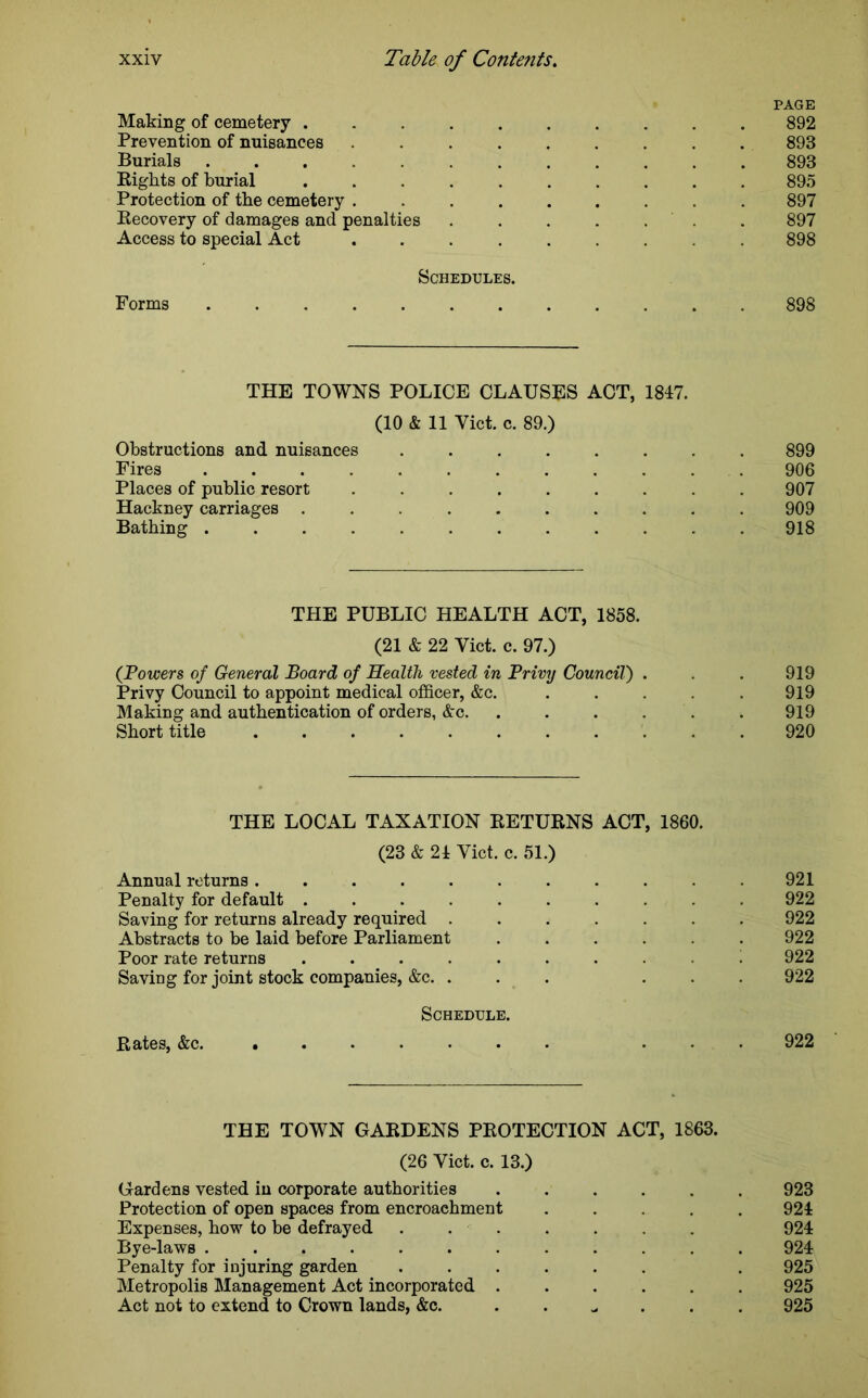 PAGE Making of cemetery .......... 892 Prevention of nuisances ......... 893 Burials 893 Rights of burial .......... 895 Protection of the cemetery ......... 897 Recovery of damages and penalties . . . . . . 897 Access to special Act ......... 898 Schedules. Forms 898 THE TOWNS POLICE CLAUSES ACT, 1847. (10 & 11 Yict. c. 89.) Obstructions and nuisances 899 Fires 906 Places of public resort ......... 907 Hackney carriages .......... 909 Bathing ............ 918 THE PUBLIC HEALTH ACT, 1858. (21 & 22 Yict. c. 97.) (Powers of General Board of Health vested in Privy Council) . . . 919 Privy Council to appoint medical officer, &c. . . . . 919 Making and authentication of orders, &c. ...... 919 Short title 920 THE LOCAL TAXATION RETURNS ACT, 1860. (23 & 24 Yict. c. 51.) Annual returns ........... 921 Penalty for default 922 Saving for returns already required 922 Abstracts to be laid before Parliament 922 Poor rate returns .......... 922 Saving for joint stock companies, &c. . . . ... 922 Schedule. Rates, &c. ... 922 THE TOWN GARDENS PROTECTION ACT, 1863. (26 Yict. c. 13.) Gardens vested in corporate authorities ...... 923 Protection of open spaces from encroachment ..... 924 Expenses, how to be defrayed . . • . . . 924 Bye-laws 924 Penalty for injuring garden ...... . 925 Metropolis Management Act incorporated 925 Act not to extend to Crown lands, &c. . 925