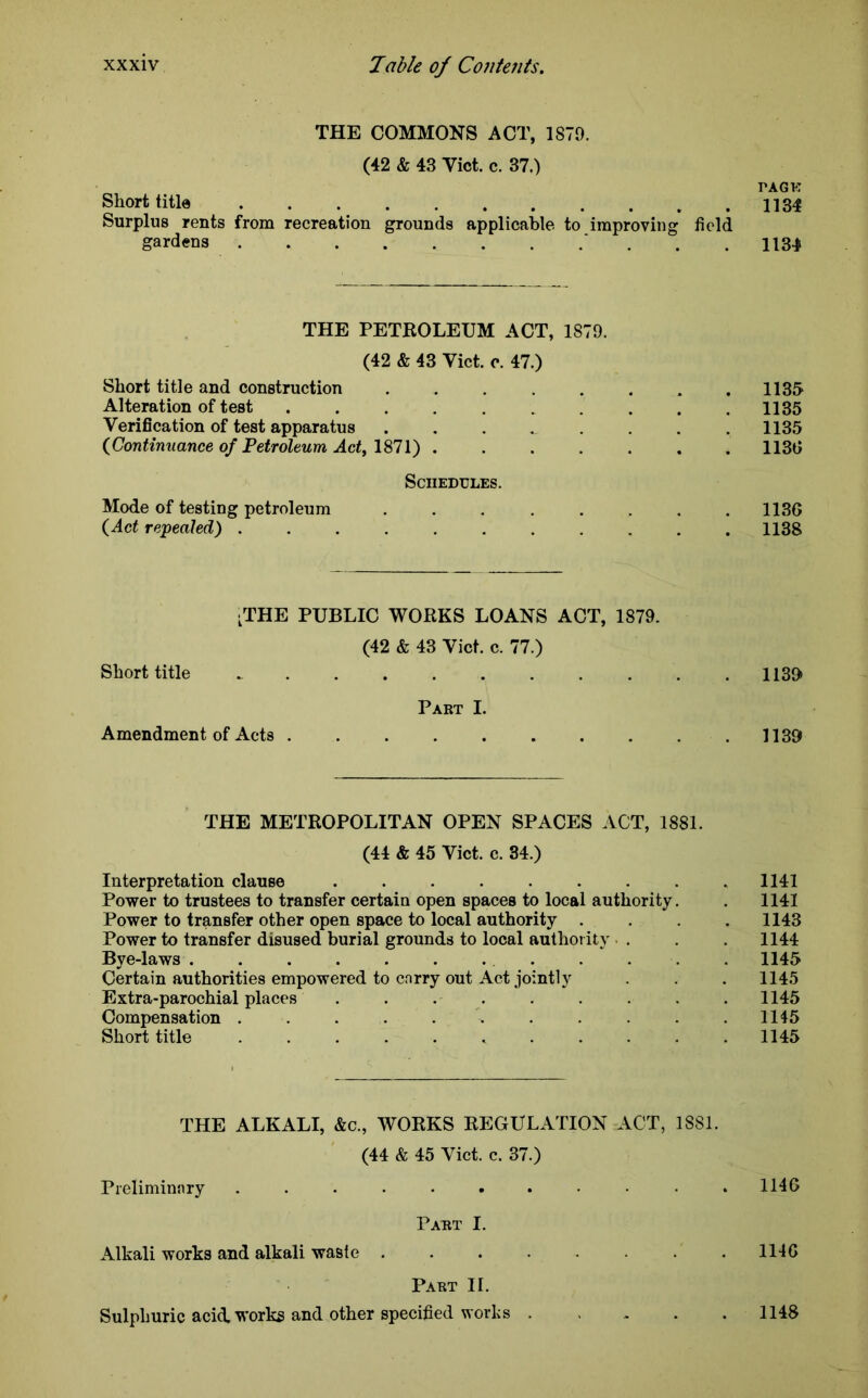 THE COMMONS ACT, 1870. (42 & 43 Viet. c. 37.) PAGK Short title . . . . . . . . . . .1134 Surplus rents from recreation grounds applicable to improving field gardens * . .1134 THE PETROLEUM ACT, 1879. (42 & 43 Viet. o. 47.) Short title and construction 1135 Alteration of test 1135 Verification of test apparatus ........ 1135 {Continuance of Petroleum Act, 1871) 113d Schedules. Mode of testing petroleum ........ 113G {Act repealed) 1138 lTHE PUBLIC WORKS LOANS ACT, 1879. (42 & 43 Viet. c. 77.) Short title _ 1139> Part I. Amendment of Acts .......... 1139 THE METROPOLITAN OPEN SPACES ACT, 1881. (44 & 45 Viet. c. 34.) Interpretation clause 1141 Power to trustees to transfer certain open spaces to local authority. . 1141 Power to transfer other open space to local authority .... 1143 Power to transfer disused burial grounds to local authority • . . . 1144 Bye-laws 1145 Certain authorities empowered to carry out Act jointly . . . 1145 Extra-parochial places . . . . . . . . 1145 Compensation ........... 1145 Short title 1145 THE ALKALI, Ac., WORKS REGULATION ACT, 1881. (44 & 45 Viet. c. 37.) Preliminary . . . • • . . .1146 Part I. Alkali works and alkali waste . . . . .1146 Part II. Sulphuric acid, works and other specified works . 1148