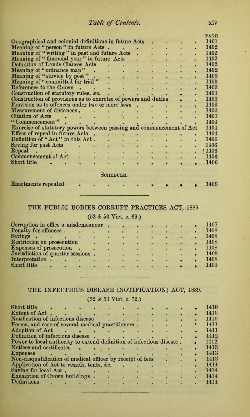 PAGE Geographical and colonial definitions in future Acts ... * 1401 Meaning of “ person ” in future Acts ....... 1402 Meaning of “ writing ” in past and future Acts ..... 1402 Meaning of “ financial year ” in future Acts ..... 1402 Definition of Lands Clauses Acts ....... 1402 Meaning of “ ordnance map 1402 Meaning of “ service by post 1403 Meaning of “ committed for trial ” 1403 References to the Crown ......... 1403 Construction of statutory rules, &c. 1403 Construction of provisions as to exercise of powers and duties • . 1403 Provision as to offences under two or more laws ..... 1403 Measurement of distances ......... 1403 Citation of Acts 1403 “ Commencement ” ......... 1404 Exercise of statutory powers between passing and commencement of Act 1404 Effect of repeal in future Acts ........ 1404 Definition of “ Act ” in this Act ........ 1406 Saving for past Acts ......... 1406 Repeal [1406 Commencement of Act ......... 1406 Short title . 1406 Schedule. Enactments repealed •....•»»• 1406 THE PUBLIC BODIES CORRUPT PRACTICES ACT, 1889. (52 & 53 Yict. c. 69.) Corruption in office a misdemeanour 1407 Penalty for offences 1408 Savings 1408 Restriction on prosecution ........ 1408 Expenses of prosecution ......... 1408 Jurisdiction of quarter sessions ........ 1408 Interpretation ........... 1408 Short title . 1409 THE INFECTIOUS DISEASE (NOTIFICATION) ACT, 1889. (52 & 53 Viet. c. 72.) Short title 1410 Extent of Act 1410 Notification of infectious disease ....... 1410 Forms, and case of several medical practitioners . 1411 Adoption of Act .......... 1411 Definition of infectious disease ........ 1412 Power to local authority to extend definition of infectious disease . • 1412 Notices and certificates ......... 1413 Expenses 1413 Non-disqualification of medical officer by receipt of fees . . . 1413 Application of Act to vessels, tents, &c. ..... 1414 Saving for local Act .......... 1414 Exemption of Crown buildings ........ 1414 Definitions ........... 1414