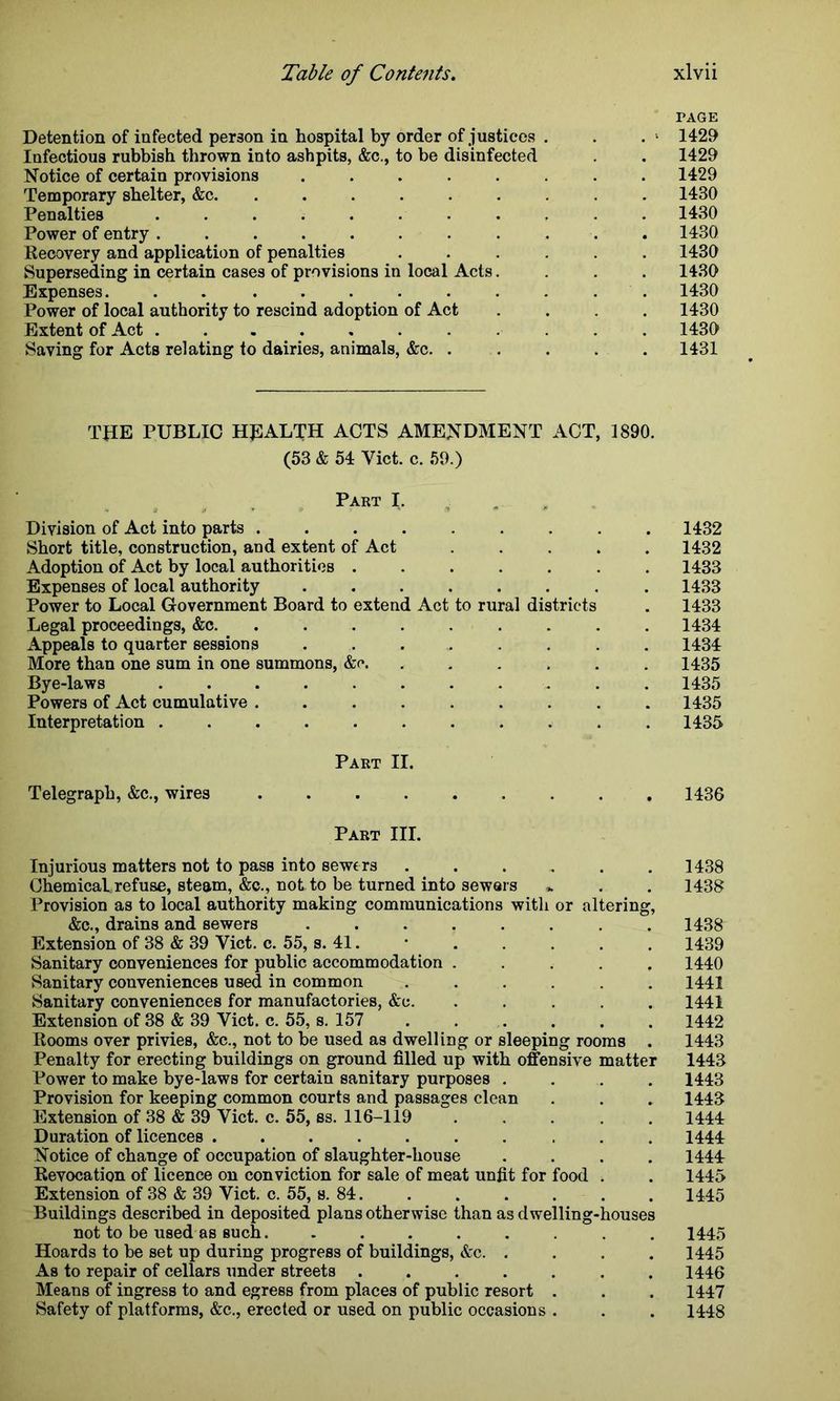TAGE Detention of infected person in hospital by order of justices . . . 1 1429 Infectious rubbish thrown into ashpits, &c., to be disinfected . . 1429 Notice of certain provisions ........ 1429 Temporary shelter, &c. ......... 1430 Penalties ........... 1430 Power of entry ........... 1430 Recovery and application of penalties ...... 1430 Superseding in certain cases of provisions in local Acts. . . 1430 Expenses. . . 1430 Power of local authority to rescind adoption of Act .... 1430 Extent of Act 1430 Saving for Acts relating to dairies, animals, &c. ..... 1431 TJIE PUBLIC HEALTH ACTS AMENDMENT ACT, 1890. (53 & 54 Yict. c. 59.) Part I. Division of Act into parts ......... 1432 Short title, construction, and extent of Act ..... 1432 Adoption of Act by local authorities ....... 1433 Expenses of local authority 1433 Power to Local Government Board to extend Act to rural districts . 1433 Legal proceedings, &c 1434 Appeals to quarter sessions ........ 1434 More than one sum in one summons, &o. ..... 1435 Bye-laws 1435 Powers of Act cumulative ......... 1435 Interpretation 1435 Part II. Telegraph, &c., wires 1436 Part III. Injurious matters not to pass into sewers ...... 1438 Chemical refuse, steam, &c., not to be turned into sewers . . 1438 Provision as to local authority making communications with or altering, &c., drains and sewers ........ 1438 Extension of 38 & 39 Yict. c. 55, s. 41. • 1439 Sanitary conveniences for public accommodation ..... 1440 Sanitary conveniences used in common ...... 1441 Sanitary conveniences for manufactories, &c. ..... 1441 Extension of 38 & 39 Viet. c. 55, s. 157 ...... 1442 Rooms over privies, &c., not to be used as dwelling or sleeping rooms . 1443 Penalty for erecting buildings on ground filled up with offensive matter 1443 Power to make bye-laws for certain sanitary purposes .... 1443 Provision for keeping common courts and passages clean . . . 1443 Extension of 38 & 39 Yict. c. 55, ss. 116-119 ..... 1444 Duration of licences .......... 1444 Notice of change of occupation of slaughter-house .... 1444r Revocation of licence on conviction for sale of meat unfit for food . . 1445 Extension of 38 & 39 Viet. c. 55, s. 84 1445 Buildings described in deposited plans otherwise than as dwelling-houses not to be used as such......... 1445 Hoards to be set up during progress of buildings, &c. .... 1445 As to repair of cellars under streets ....... 1446 Means of ingress to and egress from places of public resort . . . 1447 Safety of platforms, &c., erected or used on public occasions . . . 1448