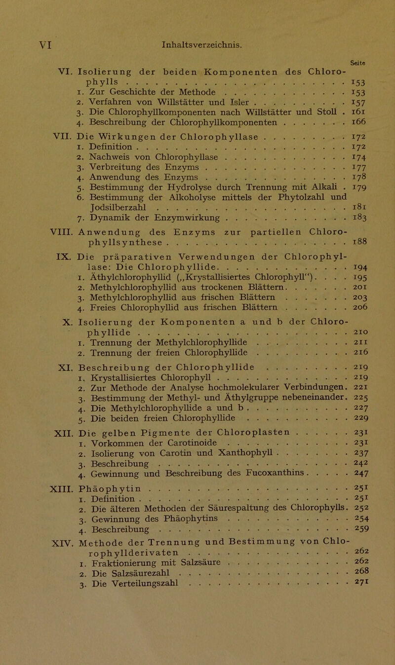 Seite VI. Isolierung der beiden Komponenten des Chloro- phylls 153 1. Zur Geschichte der Methode 153 2. Verfahren von Willstätter und Isler 157 3. Die Chlorophyllkomponenten nach Willstätter und Stoll . 161 4. Beschreibung der Chlorophyllkomponenten 166 VII. Die Wirkungen der Chlorophyllase 172 1. Definition 172 2. Nachweis von Chlorophyllase 174 3. Verbreitung des Enzyms 177 4. Anwendung des Enzyms 178 5. Bestimmung der Hydrolyse durch Trennung mit Alkali . 179 6. Bestimmung der Alkoholyse mittels der Phytolzahl und Jodsilberzahl 181 7. Dynamik der Enzymwirkung 183 VIII. Anwendung des Enzyms zur partiellen Chloro- phyllsynthese 188 IX. Die präparativen Verwendungen der Chlorophyl- lase: Die Chlorophyllide 194 1. Äthylchlorophyllid („Krystallisiertes Chlorophyll“). . . . 195 2. Methylchlorophyllid aus trockenen Blättern 201 3. Methylchlorophyllid aus frischen Blättern 203 4. Freies Chlorophyllid aus frischen Blättern 206 X. Isolierung der Komponenten a und b der Chloro- phyllide 210 1. Trennung der Methylchlorophyllide 211 2. Trennung der freien Chlorophyllide 216 XI. Beschreibung der Chlorophyllide 219 x. Krystallisiertes Chlorophyll 219 2. Zur Methode der Analyse hochmolekularer Verbindungen. 221 3. Bestimmung der Methyl- und Äthylgruppe nebeneinander. 225 4. Die Methylchlorophyllide a und b 227 5. Die beiden freien Chlorophyllide 229 XII. Die gelben Pigmente der Chloroplasten 231 1. Vorkommen der Carotinoide 231 2. Isolierung von Carotin und Xanthophyll 237 3. Beschreibung 242 4. Gewinnung und Beschreibung des Fucoxanthins 247 XIII. Phäophytin 251 1. Definition 25r 2. Die älteren Methoden der Säurespaltung des Chlorophylls. 252 3. Gewinnung des Phäophytins 254 4. Beschreibung 259 XIV. Methode der Trennung und Bestimmung von Chlo- rophyllderivaten 262 1. Fraktionierung mit Salzsäure 262 2. Die Salzsäurezahl 268 3. Die Verteilungszahl 27x