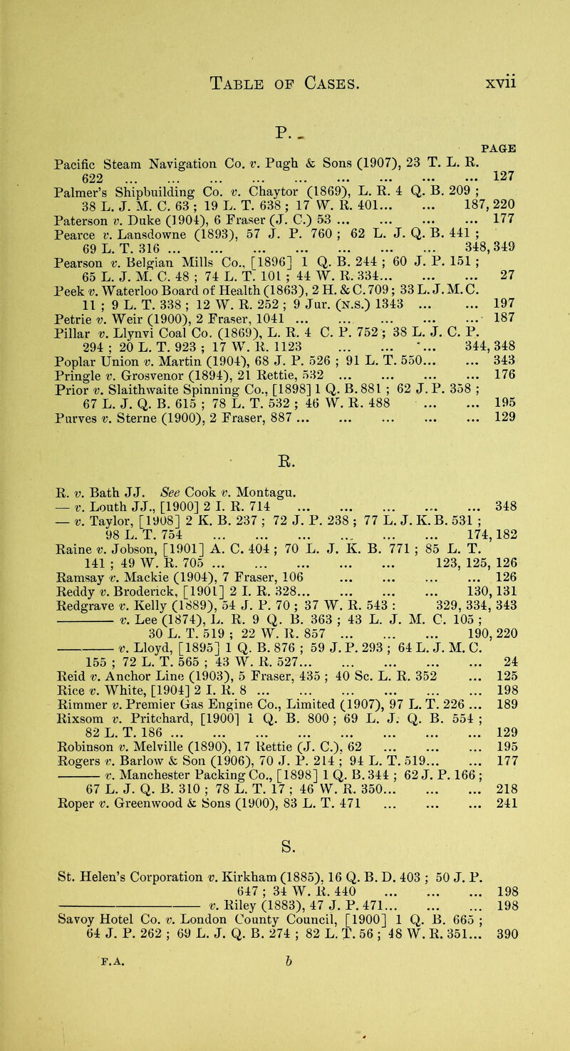 P. - PAGE Pacific Steam Navigation Co. v. Pugh & Sons (1907), 23 T. L. R. 022 ... ... ... ... ... ••• ••• ••• ••• 127 Palmer’s Shipbuilding Co. v. Chaytor (1869), L. R. 4 Q. B. 209 ; 38 L. J. M. C. 63 ; 19 L. T. 638 ; 17 W. R. 401 187, 220 Paterson v. Duke (1904), 6 Fraser (J. C.) 53 ... ... ... ... 177 Pearce v. Lansdowne (1893), 57 J. P. 760 ; 62 L. J. Q. B. 441 ; 69 L. T. 316 348,349 Pearson v. Belgian Mills Co., [1896] 1 Q. B. 244 ; 60 J. P. 151 ; 65 L. J. M. C. 48 ; 74 L. T. 101 ; 44 W. R. 334 27 Peek v. Waterloo Board of Health (1863), 2 H. & C.709; 33 L. J. M. C. 11 ; 9 L. T. 338 ; 12 W. R. 252 ; 9 Jur. (n.S.) 1343 197 Petrie v. Weir (1900), 2 Fraser, 1041 ... ... ... ... ... 187 Pillar v. Llynvi Coal Co. (1869), L. R. 4 C. P. 752 ; 38 L. J. C. P. 294 ; 20 L. T. 923 ; 17 W. R. 1123 *... 344, 348 Poplar Union v. Martin (1904), 68 J. P. 526 ; 91 L. T. 550... ... 343 Pringle v. Grosvenor (1894), 21 Rettie, 532 ... ... ... ... 176 Prior v. Slaithwaite Spinning Co., [1898] 1 Q. B.881 ; 62 J.P. 358 ; 67 L. J. Q. B. 615 ; 78 L. T. 532 ; 46 W. R. 488 195 Purves v. Sterne (1900), 2 Fraser, 887 ... ... ... ... ... 129 R. R. v. Bath JJ. See Cook v. Montagu. — v. Louth JJ., [1900] 2 I. R. 714 348 — v. Taylor, [1908] 2 K. B. 237 ; 72 J. P. 238 ; 77 L. J. K. B. 531 ; 98 L. T. 754 Raine v. Jobson, [1901] A. C. 404 ; 70 L. J. K. B. 771 141 ; 49 W. R. 705 Ramsay v. Mackie (1904), 7 Fraser, 106 Reddy v. Broderick, [1901] 2 I. R. 328... Redgrave v. Kelly (1889), 54 J. P. 70 ; 37 W. R. 543 : v. Lee (1874), L. R. 9 Q. B. 363 ; 43 L. J. M. 30 L. T. 519 ; 22 W. R. 857 v. Lloyd, [1895] 1 Q. B. 876 ; 59 J. P. 293 ; 64 L 174,182 85 L. T. 123, 125, 126 126 130,131 329, 334, 343 C. 105; 190, 220 J. M. C. 155 ; 72 L. T. 565 ; 43 W. R. 527 24 Reid v. Anchor Line (1903), 5 Fraser, 435 ; 40 Sc. L. R. 352 ... 125 Rice v. White, [1904] 2 I. R. 8 198 Rimmer v. Premier Gas Engine Co., Limited (1907), 97 L. T. 226 ... 189 Rixsom v. Pritchard, [1900] 1 Q. B. 800 ; 69 L. J. Q. B. 554 ; 82 L. T. 186 ... 129 Robinson v. Melville (1890), 17 Rettie (J. C.), 62 ... ... ... 195 Rogers v. Barlow & Son (1906), 70 J. P. 214 ; 94 L. T. 519 177 v. Manchester Packing Co., [1898] 1 Q. B.344 ; 62 J. P. 166 ; 67 L. J. Q. B. 310 ; 78 L. T. 17 ; 46 W. R. 350 218 Roper v. Greenwood & Sons (1900), 83 L. T. 471 ... ... ... 241 s. St. Helen’s Corporation v. Kirkham (1885). 16 Q. B. D. 403 ; 50 J. P. 647 ; 34 W. R. 440 198 v. Riley (1883), 47 J. P. 471 198 Savoy Hotel Co. v. London County Council, [1900] 1 Q. B. 665 ; 64 J. P. 262 ; 69 L. J. Q. B. 274 ; 82 L. T. 56 ; 48 W. R. 351... 390 F.A. b