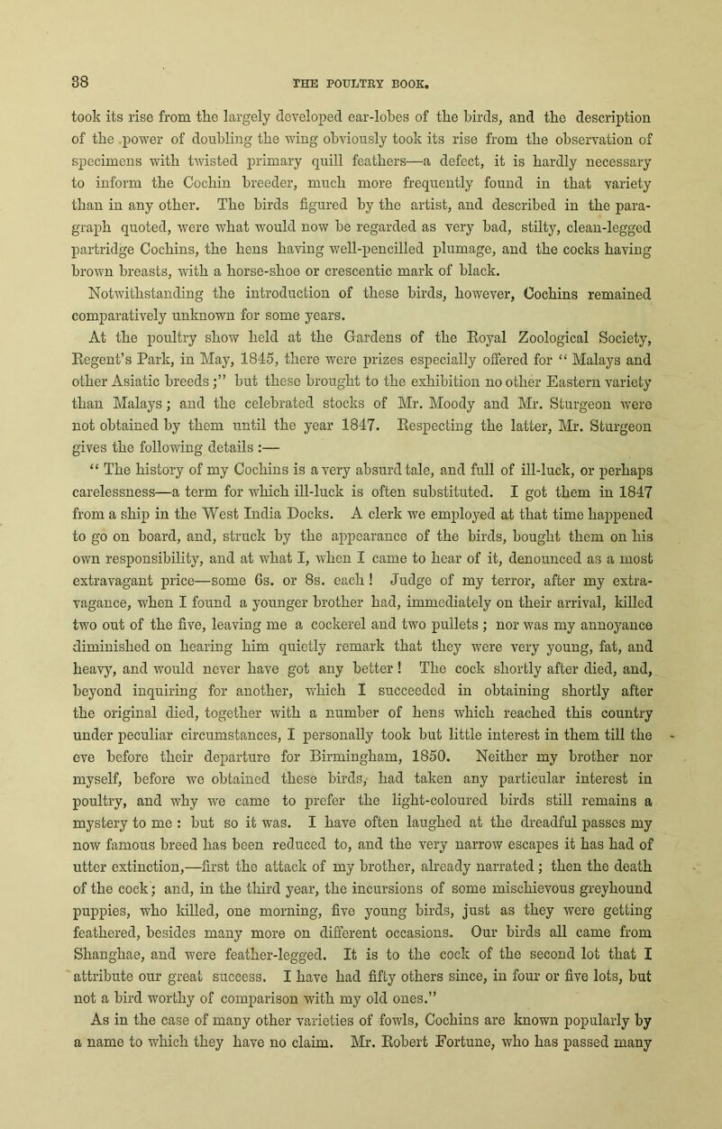 took its rise from the largely developed ear-lobes of the birds, and the description of the power of doubling the wing obviously took its rise from the observation of specimens with twisted primary quill feathers—a defect, it is hardly necessary to inform the Cochin breeder, much more frequently found in that variety than in any other. The birds figured by the artist, and described in the para- graph quoted, were what would now be regarded as very bad, stilty, clean-legged partridge Cochins, the hens having well-pencilled plumage, and the cocks having brown breasts, with a horse-shoe or crescentic mark of black. Notwithstanding the introduction of these birds, however, Cochins remained comparatively unknown for some years. At the poultry show held at the Gardens of the Eoyal Zoological Society, Eegent’s Park, in May, 1845, there were prizes especially offered for “ Malays and other Asiatic breeds but these brought to the exhibition no other Eastern variety than Malays; and the celebrated stocks of Mr. Moody and Mr. Sturgeon were not obtained by them until the year 1847. Eespecting the latter, Mr. Sturgeon gives the following details :— “ The history of my Cochins is a very absurd tale, and full of ill-luck, or perhaps carelessness—a term for which ill-luck is often substituted. I got them in 1847 from a ship in the West India Docks. A clerk we employed at that time happened to go on board, and, struck by the appearance of the birds, bought them on his own responsibility, and at what I, when I came to hear of it, denounced as a most extravagant price—some 6s. or 8s. each ! Judge of my terror, after my extra- vagance, when I found a younger brother had, immediately on their arrival, killed two out of the five, leaving me a cockerel and two pullets ; nor was my annoyance diminished on hearing him quietly remark that they were very young, fat, and heavy, and would never have got any better ! The cock shortly after died, and, beyond inquiring for another, which I succeeded in obtaining shortly after the original died, together with a number of hens which reached this country under peculiar circumstances, I personally took but little interest in them till the eve before their departure for Birmingham, 1850. Neither my brother nor myself, before we obtained these birds, had taken any particular interest in poultry, and why we came to prefer the light-coloured birds still remains a mystery to me : but so it was. I have often laughed at the dreadful passes my now famous breed has been reduced to, and the very narrow escapes it has had of utter extinction,—first the attack of my brother, already narrated ; then the death of the cock; and, in the third year, the incursions of some mischievous greyhound puppies, who killed, one morning, five young birds, just as they were getting feathered, besides many more on different occasions. Our birds all came from Slianghae, and were feather-legged. It is to the cock of the second lot that I attribute our great success. I have had fifty others since, in four or five lots, but not a bird worthy of comparison with my old ones.” As in the case of many other varieties of fowls, Cochins are known popularly by a name to which they have no claim. Mr. Eobert Fortune, who has passed many