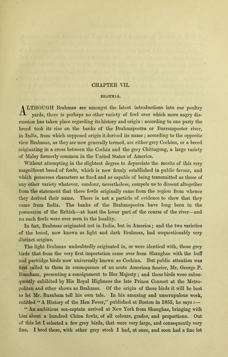 CHAPTER VII. BRAHMAS. ALTHOUGH Brahmas are amongst the latest introductions into our poultry yards, there is perhaps no other variety of fowl over which more angry dis- cussion has taken place regarding its history and origin : according to one party the breed took its rise on the banks of the Brahmapootra or Burrampooter river, in India, from which supposed origin it derived its name ; according to the opposite view Brahmas, as they are now generally termed, are either grey Cochins, or a breed originating in a cross between the Cochin and the grey Chittagong, a large variety of Malay formerly common in the United States of America. Without attempting in the slightest degree to depreciate the merits of this very magnificent breed of fowls, which is now firmly established in public favour, and which possesses characters as fixed and as capable of being transmitted as those of any other variety whatever, candour, nevertheless, compels us to dissent altogether from the statement that these fowls originally came from the region from whence they derived their name. There is not a particle of evidence to show that they came from India. The banks of the Brahmapootra have long been in the possession of the British—at least the lower part of the course of the river—and no such fowls were ever seen in the locality. In fact, Brahmas originated not in India, but in America; and the two varieties of the breed, now known as light and dark Brahmas, had unquestionably very distinct origins. The light Brahmas undoubtedly originated in, or were identical with, those grey birds that from the very first importation came over from Slianghae with the buff and partridge birds now universally known as Cochins. But public attention was first called to them in consequence of an acute American fancier, Mr. George P. Burnham, presenting a consignment to Her Majesty; and these birds were subse- quently exhibited by His Royal Highness the late Prince Consort at the Metro- politan and other shows as Brahmas. Of the origin of these birds it will be best to let Mr. Burnham tell his own tale. In his amusing and unscrupulous work, entitled “A History of the Hen Fever,” published at Boston in 1855, he says :— “ An ambitious sea-captain arrived at New York from Shanghae, bringing with him about a hundred China fowls, of all colours, grades, and proportions. Out of this lot I selected a few grey birds, that were very large, and consequently very