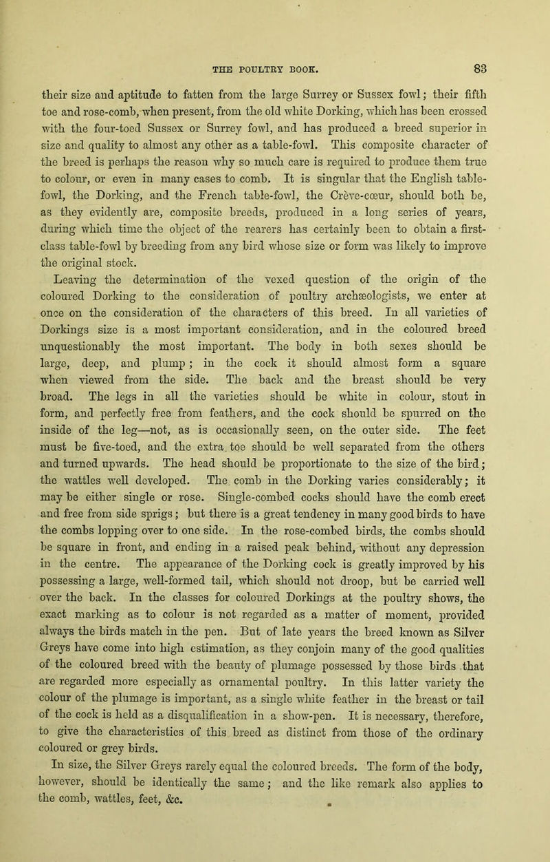 their size and aptitude to fatten from the large Surrey or Sussex fowl; their fifth toe and rose-comb, when present, from the old white Dorking, which has been crossed with the four-toed Sussex or Surrey fowl, and has produced a breed superior in size and quality to almost any other as a table-fowl. This composite character of the breed is perhaps the reason why so much care is required to produce them true to colour, or even in many cases to comb. It is singular that the English table- fowl, the Dorking, and the French table-fowl, the Creve-coeur, should both be, as they evidently are, composite breeds, produced in a long series of years, during which time the object of the rearers has certainly been to obtain a first- class table-fowl by breeding from any bird whose size or form was likely to improve the original stock. Leaving the determination of the vexed question of the origin of the coloured Dorking to the consideration of poultry archaeologists, we enter at once on the consideration of the characters of this breed. In all varieties of Dorkings size is a most important consideration, and in the coloured breed unquestionably the most important. The body in both sexes should be large, deep, and plump; in the cock it should almost form a square when viewed from the side. The back and the breast should be very broad. The legs in all the varieties should be white in colour, stout in form, and perfectly free from feathers, and the cock should be spurred on the inside of the leg—not, as is occasionally seen, on the outer side. The feet must be five-toed, and the extra, toe should be well separated from the others and turned upwards. The head should be proportionate to the size of the bird; the wattles well developed. The comb in the Dorking varies considerably; it may be either single or rose. Single-combed cocks should have the comb erect and free from side sprigs; but there is a great tendency in many good birds to have the combs lopping over to one side. In the rose-combed birds, the combs should be square in front, and ending in a raised peak behind, without any depression in the centre. The appearance of the Dorking cock is greatly improved by his possessing a large, well-formed tail, which should not droop, but be carried well over the back. In the classes for coloured Dorkings at the poultry shows, the exact marking as to colour is not regarded as a matter of moment, provided always the birds match in the pen. But of late years the breed known as Silver Greys have come into high estimation, as they conjoin many of the good qualities of the coloured breed with the beauty of plumage possessed by those birds that are regarded more especially as ornamental poultry. In this latter variety the colour of the plumage is important, as a single white feather in the breast or tail of the cock is held as a disqualification in a show-pen. It is necessary, therefore, to give the characteristics of this breed as distinct from those of the ordinary coloured or grey birds. In size, the Silver Greys rarely equal the coloured breeds. The form of the body, however, should be identically the same; and the like remark also applies to the comb, wattles, feet, &c.