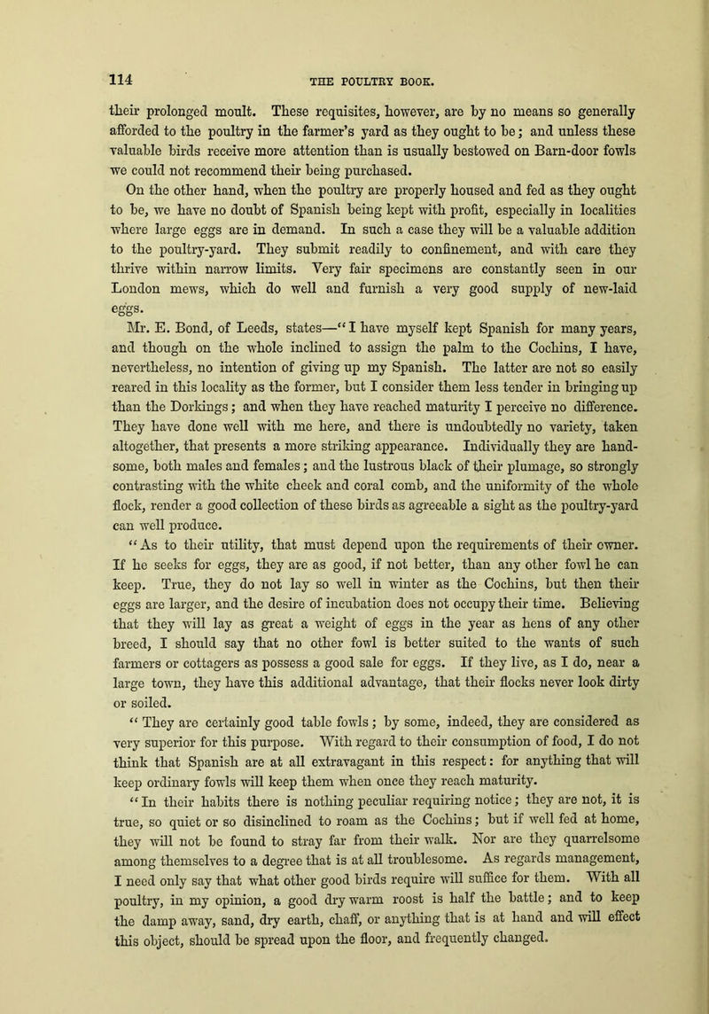 their prolonged moult. These requisites, however, are by no means so generally afforded to the poultry in the farmer’s yard as they ought to be; and unless these valuable birds receive more attention than is usually bestowed on Barn-door fowls we could not recommend their being purchased. On the other hand, when the poultry are properly housed and fed as they ought to be, we have no doubt of Spanish being kept with profit, especially in localities where large eggs are in demand. In such a case they will be a valuable addition to the poultry-yard. They submit readily to confinement, and with care they thrive within narrow limits. Very fair specimens are constantly seen in our London mews, which do well and furnish a very good supply of new-laid eggs. Mr. E. Bond, of Leeds, states—“I have myself kept Spanish for many years, and though on the whole inclined to assign the palm to the Cochins, I have, nevertheless, no intention of giving up my Spanish. The latter are not so easily reared in this locality as the former, but I consider them less tender in bringing up than the Dorkings; and when they have reached maturity I perceive no difference. They have done well with me here, and there is undoubtedly no variety, taken altogether, that presents a more striking appearance. Individually they are hand- some, both males and females; and the lustrous black of their plumage, so strongly contrasting with the white cheek and coral comb, and the uniformity of the whole flock, render a good collection of these birds as agreeable a sight as the poultry-yard can well produce. “As to their utility, that must depend upon the requirements of their owner. If he seeks for eggs, they are as good, if not better, than any other fowl he can keep. True, they do not lay so well in winter as the Cochins, but then their eggs are larger, and the desire of incubation does not occupy their time. Believing that they will lay as great a weight of eggs in the year as hens of any other breed, I should say that no other fowl is better suited to the wants of such farmers or cottagers as possess a good sale for eggs. If they live, as I do, near a large town, they have this additional advantage, that their flocks never look dirty or soiled. “ They are certainly good table fowls ; by some, indeed, they are considered as very superior for this purpose. With regard to their consumption of food, I do not think that Spanish are at all extravagant in this respect: for anything that will keep ordinary fowls will keep them when once they reach maturity. “In their habits there is nothing peculiar requiring notice; they are not, it is true, so quiet or so disinclined to roam as the Cochins; but if well fed at home, they will not be found to stray far from their walk. Nor are they quarrelsome among themselves to a degree that is at all troublesome. As regards management, I need only say that what other good birds require will suffice for them. With all poultry, in my opinion, a good dry warm roost is half the battle; and to keep the damp away, sand, dry earth, chaff, or anything that is at hand and will effect this object, should be spread upon the floor, and frequently changed.