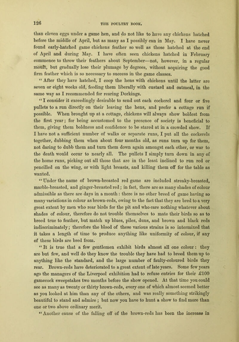 than eleven eggs under a game hen, and do not like to have any chickens hatched before the middle of April, hut as many as I possibly can in May. I have never found early-hatched game chickens feather so well as those hatched at the end of April and during May. I have often seen chickens hatched in February commence to throw their feathers about September—not, however, in a regular moult, but gradually lose their plumage by degrees, without acquiring the good firm feather which is so necessary to success in the game classes. “ After they have hatched, I coop the hens with chickens until the latter are seven or eight weeks old, feeding them liberally with custard and oatmeal, in the same way as I recommended for rearing Dorkings. “ I consider it exceedingly desirable to send out each cockerel and four or five pullets to a run directly on their leaving the hens, and prefer a cottage run if possible. When brought up at a cottage, chickens will always show boldest from the first year; for being accustomed to the presence of society is beneficial to them, giving them boldness and confidence to be stared at in a crowded show. If I have not a sufficient number of walks or separate runs, I put all the cockerels together, dubbing them when about four months old, as runs turn up for them, not daring to dubh them and turn them down again amongst each other, or war to the death would occur to nearly all. The pullets I simply turn down in any of the home runs, picking out all those that are in the least inclined to run red or pencilled on the wing, or with light breasts, and killing them off for the table as wanted. “ Under the name of brown-breasted red game are included streaky-breasted, marble-breasted, and ginger-breasted red; in fact, there are as many shades of colour admissible as there are days in a month : there is no other breed of game having so many variation sin colour as brown-reds, owing to the fact that they are bred to a very great extent by men who rear birds for the pit and who care nothing whatever about shades of colour, therefore do not trouble themselves to mate their birds so as to breed true to feather, hut match up blues, piles, duns, and brown and black reds indiscriminately; therefore the blood of these various strains is so intermixed that it takes a length of time to produce anything like uniformity of colour, if any of these birds are bred from. “It is true that a few gentlemen exhibit birds almost all one colour: they are hut few, and well do they know the trouble they have had to breed them up to anything like the standard, and the large number of faulty-coloured birds they rear. Brown-reds have deteriorated to a great extent of late years. Some few years ago the managers of the Liverpool exhibition had to refuse entries for their A100 gamecock sweepstakes two months before the show opened. At that time you could see as many as twenty or thirty brown-reds, every one of which almost seemed better as you looked at him than any of the others, and was really something strikingly beautiful to stand and admire ; hut now you have to hunt a show to find more than one or two above ordinary merit. “ Another cause of the falling off of the brown-reds has been the increase in