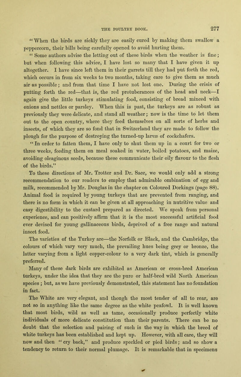 “ When the birds are sickly they are easily cured by making them swallow a peppercorn, their bills being carefully opened to avoid hurting them. “ Some authors advise the letting out of these birds when the weather is fine; hut when following this advice, I have lost so many that I have given it up altogether. I have since left them in their garrets till they had put forth the red, which occurs in from six weeks to two months, taking care to give them as much air as possible; and from that time I have not lost one. During the crisis of putting forth the red—that is, the red protuberances of the head and neck—I again give the little turkeys stimulating food, consisting of bread minced with onions and nettles or parsley. When this is past, the turkeys are as robust as previously they were delicate, and stand all weather; now is the time to let them out to the open country, where they feed themselves on all sorts of herbs and insects, of which they are so fond that in Switzerland they are made to follow the plough for the purpose of destroying the turned-up larvae of cockchafers. “ In order to fatten them, I have only to shut them up in a court for two or three weeks, feeding them on meal soaked in water, boiled potatoes, and maize, avoiding oleaginous seeds, because these communicate their oily flavour to the flesh of the birds.” To these directions of Mr. Trotter and Dr. Sacc, we would only add a strong recommendation to our readers to employ that admirable ombination of egg and milk, recommended by Mr. Douglas in the chapter on Coloured Dorkings (page 88). Animal food is required by young turkeys that are prevented from ranging, and there is no form in which it can be given at all approaching in nutritive value and easy digestibility to the custard prepared as directed. We speak from personal experience, and can positively affirm that it is the most successful artificial food ever devised for young gallinaceous birds, deprived of a free range and natural insect food. The varieties of the Turkey are—the Norfolk or Black, and the Cambridge, the colours of which vary very much, the prevailing hues being grey or bronze, the latter varying from a light copper-colour to a very dark tint, which is generally preferred. Many of these dark birds are exhibited as American or cross-bred American turkeys, under the idea that they are the pure or half-bred wild North American species ; but, as we have previously demonstrated, this statement has no foundation in fact. The White are very elegant, and though the most tender of all to rear, are not so in anything like the same degree as the white peafowl. It is well known that most birds, wild as well as tame, occasionally produce perfectly white individuals of more delicate constitution than their parents. There can be no doubt that the selection and pairing of such is the way in which the breed of white turkeys has been established and kept up. However, with all care, they will now and then “cry hack,” and produce speckled or pied birds; and so show a tendency to return to their normal plumage. It is remarkable that in specimens