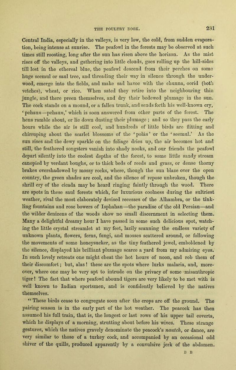 231 Central India, especially in the valleys, is very low, the cold, from sudden evapora- tion, being intense at sunrise. The peafowl in the forests may be observed at such times still roosting, long after the sun has risen above the horizon. As the mist rises off the valleys, and gathering into little clouds, goes rolling up the hill-sides till lost in the ethereal blue, the peafowl descend from their perches on some huge seemul or saul tree, and threading their way in silence through the under- wood, emerge into the fields, and make sad havoc with the chunna, oorid (both vetches), wheat, or rice. When sated they retire into the neighbouring thin jungle, and there preen themselves, and dry their bedewed plumage in the sun. The cock stands on a mound, or a fallen trunk, and sends forth his well-known cry, ‘pehaun—pehau?i,’which is soon answered from other parts of the forest. The hens ramble about, or lie down dusting their plumage ; and so they pass the early hours while the air is still cool, and hundreds of little birds are flitting and chirruping about the scarlet blossoms of the ‘ polas ’ or the ‘ seemul.’ As the sun rises and the dewy sparkle on the foliage dries up, the air becomes hot and still, the feathered songsters vanish into shady nooks, and our friends the peafowl depart silently into the coolest depths of the forest, to some little sandy stream canopied by verdant boughs, or to thick beds of reeds and grass, or dense thorny brakes overshadowed by mossy rocks, where, though the sun blaze over the open country, the green shades are cool, and the silence of repose unbroken, though the shrill cry of the cicada may be heard ringing faintly through the wood. There are spots in these saul forests which, for luxurious coolness during the sultriest weather, rival the most elaborately devised recesses of the Alhambra, or the tink- ling fountains and rose bowers of Isphahan—the paradise of the old Persian—and the wilder denizens of the woods show no small discernment in selecting them. Many a delightful dreamy hour I have passed in some such delicious spot, watch- ing the little crystal streamlet at my feet, lazily scanning the endless variety of unknown plants, flowers, ferns, fungi, and mosses scattered around, or following the movements of some honeysucker, as the tiny feathered jewel, emboldened by the silence, displayed his brilliant plumage scarce a yard from my admiring eyes. In such lovely retreats one might cheat the hot hours of noon, and rob them of their discomfort; but, alas! these are the spots where lurks malaria, and, more- over, where one may be very apt to intrude on the privacy of some misanthropic tiger! The fact that where peafowl abound tigers are very likely to be met with is well known to Indian sportsmen, and is confidently believed by the natives themselves. “ These birds cease to congregate soon after the crops are off the ground. The pairing season is in the early part of the hot weather. The peacock has then assumed his full train, that is, the longest or last rows of his upper tail coverts, which he displays of a morning, strutting about before his wives. These strange gestures, which the natives gravely denominate the peacock’s nautch, or dance, are very similar to those of a turkey cock, and accompanied by an occasional odd shiver of the quills, produced apparently by a convulsive jerk of the abdomen. B B