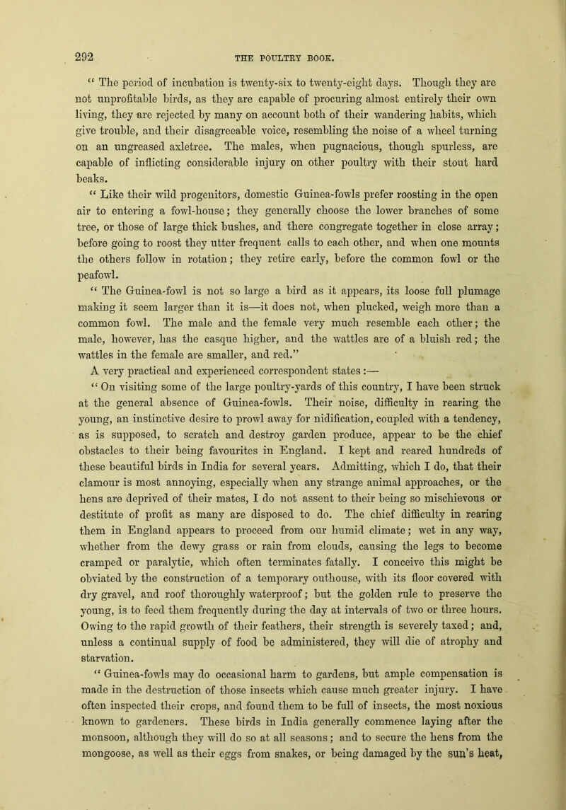 “ The period of incubation is twenty-six to twenty-eight days. Though they are not unprofitable birds, as they are capable of procuring almost entirely their own living, they are rejected by many on account both of their wandering habits, which give trouble, and their disagreeable voice, resembling the noise of a wheel turning on an ungreased axletree. The males, when pugnacious, though spurless, are capable of inflicting considerable injury on other poultry with their stout hard beaks. “ Like their wild progenitors, domestic Guinea-fowls prefer roosting in the open air to entering a fowl-house; they generally choose the lower branches of some tree, or those of large thick bushes, and there congregate together in close array; before going to roost they utter frequent calls to each other, and when one mounts the others follow in rotation; they retire early, before the common fowl or the peafowl. “ The Guinea-fowl is not so large a bird as it appears, its loose full plumage making it seem larger than it is—it does not, when plucked, weigh more than a common fowl. The male and the female very much resemble each other; the male, however, has the casque higher, and the wattles are of a bluish red; the wattles in the female are smaller, and red.” A very practical and experienced correspondent states :— “ On visiting some of the large poultry-yards of this country, I have been struck at the general absence of Guinea-fowls. Their noise, difficulty in rearing the young, an instinctive desire to prowl away for nidification, coupled with a tendency, as is supposed, to scratch and destroy garden produce, appear to be the chief obstacles to their being favourites in England. I kept and reared hundreds of these beautiful birds in India for several years. Admitting, which I do, that their clamour is most annoying, especially when any strange animal approaches, or the hens are deprived of their mates, I do not assent to their being so mischievous or destitute of profit as many are disposed to do. The chief difficulty in rearing them in England appears to proceed from our humid climate; wet in any way, whether from the dewy grass or rain from clouds, causing the legs to become cramped or paralytic, which often terminates fatally. I conceive this might be obviated by the construction of a temporary outhouse, with its floor covered with dry gravel, and roof thoroughly waterproof; but the golden rule to preserve the young, is to feed them frequently during the day at intervals of two or three hours. Owing to the rapid growth of their feathers, their strength is severely taxed; and, unless a continual supply of food be administered, they will die of atrophy and starvation. “ Guinea-fowls may do occasional harm to gardens, but ample compensation is made in the destruction of those insects which cause much greater injury. I have often inspected their crops, and found them to be full of insects, the most noxious known to gardeners. These birds in India generally commence laying after the monsoon, although they will do so at all seasons; and to secure the hens from the mongoose, as well as their eggs from snakes, or being damaged by the sun’s heat,