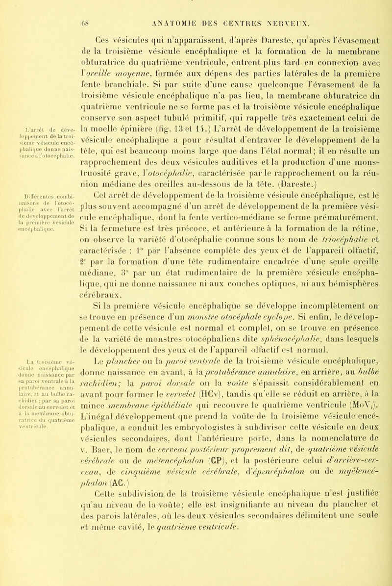 I/arrêt de déve- loppement de la troi- sième vésicule encé- suneekTotocéphalie. de développement de la première vésicule Ces vésicules qui n’apparaissent, d’après Dareste, qu’après l’évasement de la troisième vésicule encéphalique et la formation de la membrane obturatrice du quatrième ventricule, entrent plus tard en connexion avec Xoreille moyenne, formée aux dépens des parties latérales de la première fente branchiale. Si par suite d’une cause quelconque l’évasement, de la troisième vésicule encéphalique n’a pas lieu, la membrane obturatrice du quatrième ventricule ne se forme pas et la troisième vésicule encéphalique conserve son aspect tubulé primitif, qui rappelle très exactement celui de la moelle épinière (fig. 13 et 14.) L’arrêt de développement de la troisième vésicule encéphalique a pour résultat d’entraver le développement de la tète, qui est beaucoup moins large que dans l’état normal; il en résulte un rapprochement des deux vésicules auditives et la production d’une mons- truosité grave, Yotocéphalie, caractérisée parle rapprochement ou la réu- nion médiane des oreilles au-dessous de la tête. (Dareste.) Cet arrêt de développement de la troisième vésicule encéphalique, est le plus souvent accompagné d’un arrêt de développement de la première vési- cule encéphalique, dont la fente vertico-médiane se ferme prématurément. Si la fermeture est très précoce, et antérieure à la formation de la rétine, on observe la variété d’otocéphalie connue sous le nom de triocéphalie et caractérisée : 1° par l’absence complète des yeux et de l’appareil olfactif, 2° par la formation d’une tête rudimentaire encadrée d’une seule oreille médiane, 3° par un état rudimentaire de la première vésicule encépha- lique, qui ne donne naissance ni aux couches optiques, ni aux hémisphères cérébraux. sicule encéphalique sa paroi ventrale à la protubérance annu- laire, et au bulbe ra- chidien ; par sa paroi dorsale au cervelet et à la membrane obtu- ratrice du quatrième Si la première vésicule encéphalique se développe incomplètement on se trouve en présence d’un monstre otocéphale cyclope. Si enfin, le dévelop- pement de cette vésicule est normal et complet, on se trouve en présence de la variété de monstres otocéphaliens dite sphénocéphalie, dans lesquels le développement des yeux et de l’appareil olfactif est normal. Le plancher ou la paroi ventrale de la troisième vésicule encéphalique, donne naissance en avant, à protubérance annulaire, en arrière, au bulbe rachidien; la paroi dorsale ou la voûte s’épaissit considérablement en avant pour former le cervelet (HGv), tandis qu’elle se réduit en arrière, à la mince membrane épithéliale qui recouvre le quatrième ventricule [MoVJi L’inégal développement que prend la voûte de la troisième vésicule encé- phalique, a conduit les embryologistes à subdiviser cette vésicule en deux vésicules secondaires, dont l’antérieure porte, dans la nomenclature de v. Baer, le nom de cerveau postérieur proprement dit, de quatrième vésicule cérébrale ou de mélencéphalon (CP), et la postérieure celui d'arrière-cer- veau, de cinquième vésicule cérébrale, d’épencéphalon ou de myélencé- phalon (AC.) Cette subdivision de la troisième vésicule encéphalique n’est justifiée qu’au niveau de la voûte; elle est insignifiante au niveau du plancher et des parois latérales, où les deux vésicules secondaires délimitent une seule et même cavité, le quatrième ventricule.