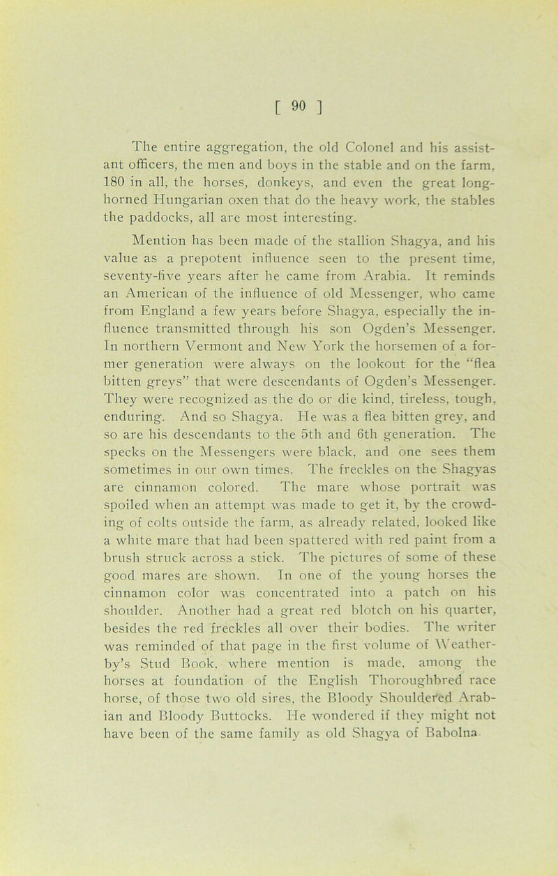 The entire aggregation, the old Colonel and his assist- ant officers, the men and boys in the stable and on the farm, 180 in all, the horses, donkeys, and even the great long- horned Hungarian oxen that do the heavy work, the stables the paddocks, all are most interesting. Mention has been made of the stallion Shagya, and his value as a prepotent influence seen to the present time, seventy-five years after he came from Arabia. It reminds an American of the influence of old Messenger, who came from England a few years before Shagya, especially the in- fluence transmitted through his son Ogden’s Messenger. In northern Vermont and New York the horsemen of a for- mer generation were always on the lookout for the “flea bitten greys” that were descendants of Ogden’s Messenger. They were recognized as the do or die kind, tireless, tough, enduring. And so Shagya. He was a flea bitten grey, and so are his descendants to the 5th and 6th generation. The specks on the Messengers were black, and one sees them sometimes in our own times. The freckles on the Shagyas are cinnamon colored. The mare whose portrait was spoiled when an attempt was made to get it, by the crowd- ing of colts outside the farm, as already related, looked like a white mare that had been spattered with red paint from a brush struck across a stick. The pictures of some of these good mares are shown. In one of the young horses the cinnamon color was concentrated into a patch on his shoulder. Another had a great red blotch on his quarter, besides the red freckles all over their bodies. The writer was reminded of that page in the first volume of V eather- by’s Stud Book, where mention is made, among the horses at foundation of the English Thoroughbred race horse, of those two old sires, the Bloody Shouldered Arab- ian and Bloody Buttocks. He wondered if they might not have been of the same family as old Shagya of Babolna