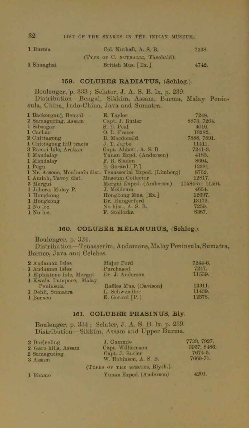 1 Burma Col. Nuthall, A. S. B. 7238. (Type of C. nhthalh, Theobald). 1 Shanghai British Mus. [Ex.] 4742. 159. COLUBER KADIATUS, (Schleg.). Boulanger, p. 333 ; Sclater, J. A. S. B. lx, p. 239. Distribution—Bengal, Sikkim, Assam, Burma, Malay Peniu- sula, China, Indo-Cliina, , Java and Sumatra. 1 Backergnnj, Bengal E. Taylor 7248. 2 Samaguting, Assam Capt. J. Butler 8873, 7264.. 1 Sibsagar S. E. Peal 4010. 1 Cachar 0. L. Eraser 13282. 2 Chittagong B. Macdonald 7888, 7891. 1 Chittagong hill tracts J. T. Jarbo 11411. 3 Rainri Isle, Arakan Capt. Abbott, A. S. B. 7241-3. 1 Mandalay Yunan Expd. (Anderson) 4183. 1 Mandalay F. B. Sladen 8694, 1 Pegu E. Gerard [P.] 12381. 1 Nr. Assoon, Moulinein dist. Tenasserim Exped. (Limborg) 8752. 1 Amiah, Tavoy dist. Museum Collector 12817. 3 Mergui Mergui Exped. (Anderson) 11584-5; 11564. 1 Joliore, Malay P. J. Meldrum 4654. 1 Hongkong Hongkong Mus. [Ex.] 12697. 1 Hongkong Dr. Hungerford 13172. 1 No loc. No hist., A. S. B. 7259. 1 No loc. F. Stoliczka 8367. 160. COLUBER MELANURUS, (Schleg.). Boulenger, p. 334. Distribution—Teuasserim, Andamans, Malay Peninsula, Sumatra, Borneo, Java and Celebes. 2 Andaman Isles Major Ford 7244-6. 1 Andaman Isles Purchased 7247. 1 Elphistone Isle, Mergui Dr. J. Anderson 11559. 1 Kwala Lumpore, Malay Peninsula Raffles Mus. (Davison) 13311. 1 Dehli, Sumatra L. Schwendler 11439. 1 Borneo E. Gerard [P.] 12378. 161. COLUBER PRASINU8, Bly. Boulenger, p. 334; Sclater, J. A. S. B. lx, p. 239. Distribution—Sikkim, Assam aud Upper Burma. 2 Darjeeling J. Garnmie 7733,7927. 2 Garo hills, Assam Capt. Williamson 3937, 8486. 2 Samaguting Capt. J. Butler 7674-5. 3 Assam W. Robinson, A. S. B. 7669-71. (Types of the specif.s, Blyth.). 1 Bhamo Yunan Exped. (Anderson) 4201,