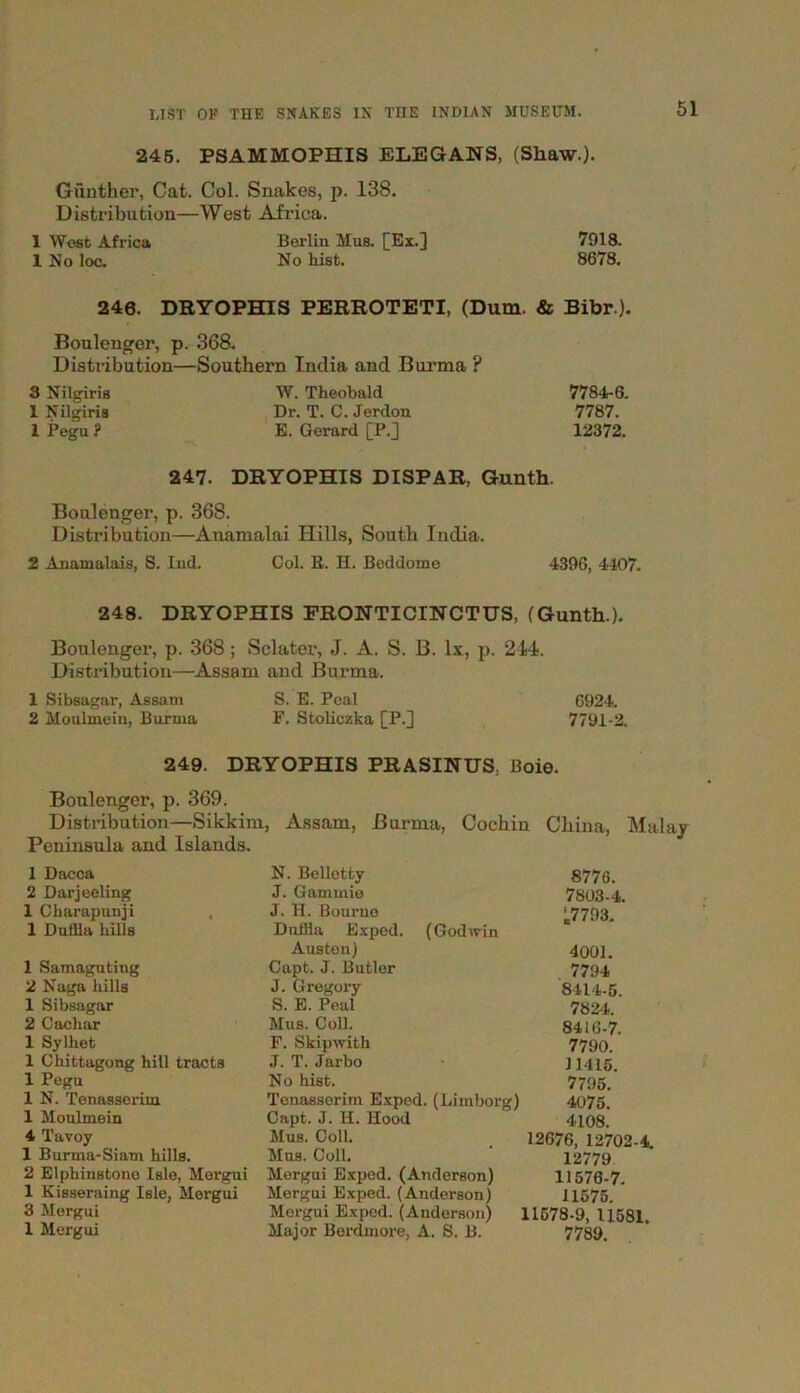 245. PSAMMOPHIS ELEGANS, (Shaw.). Gunther, Cat. Col. Snakes, p. 138. Distribution—West Africa. 1 West Africa Berlin Mus. [Ex.] 7918. 1 No loc. No hist. 8678. 240. DRYOPHIS PERROTETI, (Dum. & Bibr ). Boulenger, p. 368. Distribution—Southern India and Burma ? 3 Nilgiris W. Theobald 7784-6. I Nilgiris Dr. T. C. Jerdon 7787. I Pegu ? K. Gerard [P.] 12372. 247. DRYOPHIS DISPAR, Gunth. Boulenger, p. 368. Distribution—Anamalai Hills, South India. 2 Anamalais, S. Ind. Col. B. H. Beddomo 4396, 4407. 248. DRYOPHIS FRONTICINCTUS, (Gunth.). Boulenger, p. 368; Sclater, J. A. S. B. lx, p. 244. Distribution—Assam and Burma. 1 Sibsagar, Assam S. E. Peal 6924. 2 Moulmeiu, Burma F. Stoliczka [P.] 7791-2. 249. DRYOPHIS PRASINUS, Boie. Boulenger, p. 369. Distribution—Sikkim, Assam, Burma, Cochiu China. Mil Peninsula and Islands. 1 Dacca N. Belletty 8776. 2 Darjeeling J. Gammie 7803-4. 1 Charapunji J. H. Bourne [7793. 1 Duffla bills Duffla Exped. (Godwin Austen) 4001. 1 Samaguting Capt. J. Butler 7794 2 Naga bills J. Gregory 8414-5. 1 Sibsagar S. E. Peal 7824. 2 Cachar Mus. Coll. 8416-7. 1 Sylbet F. Skipwith 7790. 1 Chittagong hill tracts J. T. Jarbo 11415. 1 Pegu No hist. 7795. 1 N. Tenasscrini Tenasserim Exped. (Limborg) 4075 1 Moulmein Capt. J. H. Hood 4108. 4 Tavoy Mus. Coll. 12676, 12702-4. 1 Burma-Siam hills. Mus. Coll. 12779 2 Elphinstono Isle, Mergui Mergui Exped. (Anderson) 11576-7. 1 Kisseraing Isle, Mergui Mergui Exped. (Anderson) 11575. 3 Mergui Mergui Exped. (Anderson) 11578-9, 11581. 1 Mergui Major Berdmore, A. S. B. 7789.