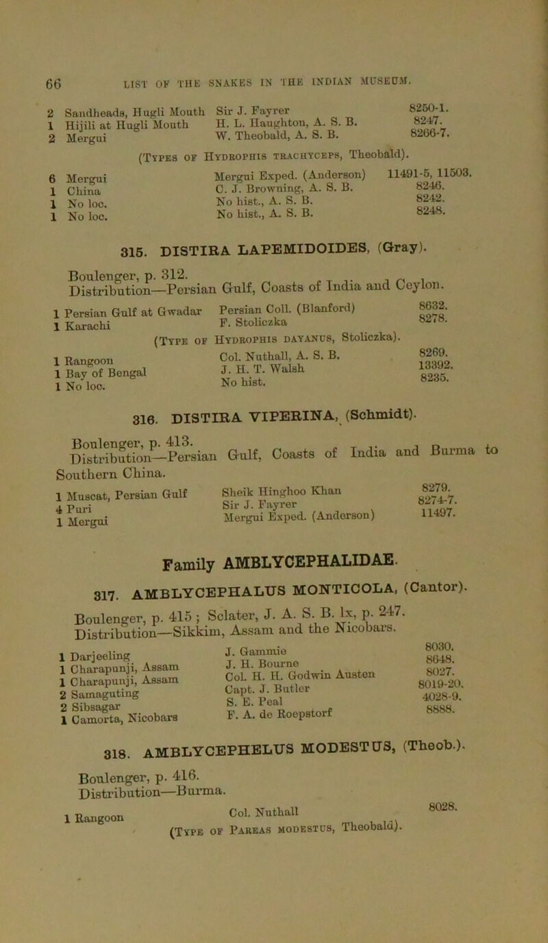 2 1 2 6 1 1 1 Sandheads, Hugli Mouth Sir J. Fayrer Hijili at llugli Mouth H. L. Haughton, A. S. B. Mergui W. Theobald, A. S. B. 8250-1. 8247. 8266-7. Morgui China No loc. No loc. (Types of Hydrophis trachyceps, Theobald). Mergui Exped. (Anderson) C. J. Browning, A. S. B. No hist., A. S. B. No hist., A. S. B. 11491-5, 11503. 8246. 8242. 8248. 315. DISTIRA LAPEMIDOIDES, (Gray). Boudenger, p. 312. Distribution—Persian Gulf, Coasts of India and Ceylon. 1 Persian Gulf at Gwadar Persian Coll. (Blanford) 1 Karachi F. Stoliczka (Type of Hydrophis dayanus, Stoliczka). 1 Rangoon 1 Bay of Bengal 1 No loc. Col. Nutkall, A. S. B. J. H. T. Walsh No hist. 8632. 8278. 8269. 13392. 8235. 316. DISTIRA VIPERINA, (Schmidt). Boulenger, p. 413. Distribution—Persian Southern China. 1 Muscat, Persian Gulf 4 Puri 1 Mergui Gulf, Coasts of India and Burma to Sheik Hinghoo Khan Sir J. Fayrer Mergui Exped. (Anderson) 8279. 8274-7. 11497. Family AMBLYCEPHALIDAE. 317. AMBLYCEPHALUS MONTICOLA, (Cantor). Boulenger, p. 415 ; Sclater, J. A. S. B. lx, p. 247. Distribution—Sikkim, Assam and the Nicobars. 1 Darjeeling 1 Charapunji, Assam 1 Charapunji, Assam 2 Samaguting 2 Sibsagar 1 Camorta, Nicobars J. Gammie J. H. Bourne Col. H. H. Godwin Austen Capt. J. Butler S. E. Peal F. A. de Roepstorf 8030. 8648. 8027. 8019-20. 4028-9. 8888. 318. AMBLYCEPHELUS MODEST US, (Theob.). Boulenger, p. 416. Distribution—Burma. (Type of 1 Rangoon Col. Nuthall Pareas modestcs, Theobald). 8028.