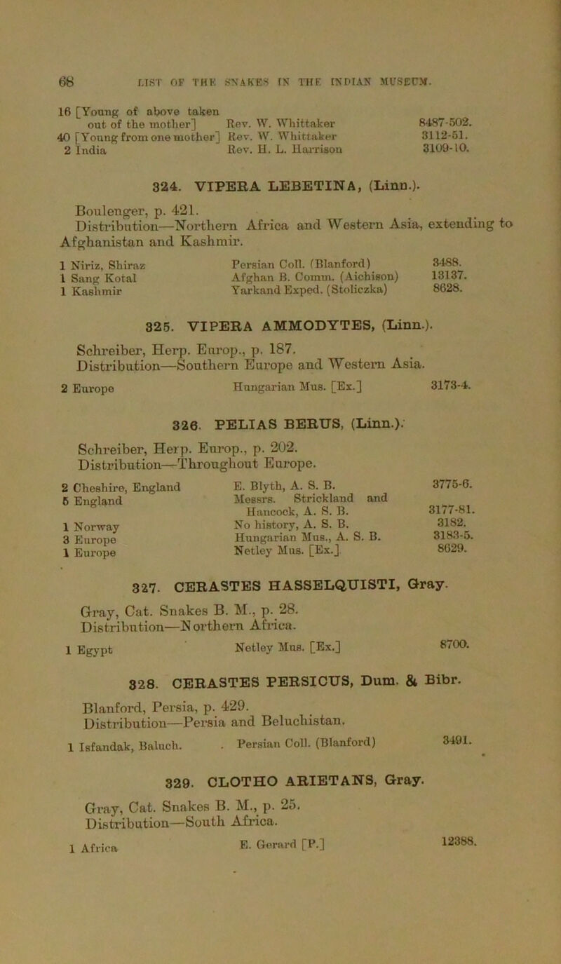 16 [Young of above taken out of the mother] Rev. W. Whittaker 8487-502. 40 [Young from one mother] Rev. W. Whittaker 3112-51. 2 india Rev. H. L. Harrison 3109-10. 324. VIPERA LEBETINA, (Linn.). Boulenger, p. 421. Distribution—Northern Africa and Western Asia, extending to Afghanistan and Kashmir. 1 Niriz, Shiraz Persian Coll. (Blanford) 3-188. 1 Sang Kotal Afghan B. Comm. (Aichison) 13137. 1 Kashmir Yarkand Exped. (Stoliczka) 8628. 325. VIPERA AMMODYTES, (Linn.). Sclireiber, Herp. Europ., p. 187. Distribution—Southern Europe and Western Asia. 2 Europe Hungarian Mus. [Ex.] 3173-4. 326. PELIAS BERUS, (Linn.). Sehreiber, Herp. Europ., p. 202. Distribution—Throughout Europe. 2 Cheshire, England E. Blyth, A. S. B. 3775-6. 6 England Messrs. Strickland and Hancock, A. S. B. 3177-81. 1 Norway No history, A. S. B. 31S2.^ 3 Europe Hungarian Mus., A. S. B. 3183-5. 1 Europe Netley Mus. [Ex.]. 8629. 327. CERASTES HASSELQTJISTI, Gray. Gray, Cat. Snakes B. M., p. 28. Distribution—N orthern Africa. 1 Egypt Netley Mus. [Ex.] 870( 328. CERASTES PERSICUS, Dum. & Bibr. Blanford, Persia, p. 429. Distribution—Persia and Beluchistan. 1 Isfandak, Balucli. . Persian Coll. (Blanford) 349 329. CLOTHO ARIETANS, Gray. Gray, Cat. Snakes B. M., p. 25. Distribution—South Africa. 1 Africa 12388.