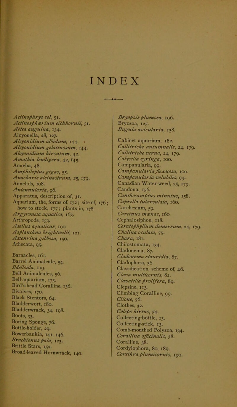 INDEX Actinophrys sol, 51. Actinosphcet turn eichhornii\ 51. Ac lea anguina, 134. Alcyonella, 28, 127. Alcyonidium albidum, 144. • Alcyonidium gclatinosum, 144. Alcyonidium hirsutum, 42. Amathia lendigera, 42, 145. Amoeba, 48. Amphileplus gigas, 55. Anac/iaris alsinastrum, 25, 179. Annelids, 108. Aniennularia, 96. Apparatus, description of, 31. Aquarium, the, forms of, 172 ; site of, 176 ; how to stock, 177 ; plants in, 178. Argyroneta aquaiica, 163. Arthropods, 153. Asellus aquations, 190. Asplanchna brightwelli, 121. Astenrina gibbosa, 150. Athecata, 95. Barnacles, 161. Barrel Animalcule, 54. BdeUoida, 119. Bell Animalcules, 56. Bell-aquarium, 173. Bird’s-head Coralline, 136. Bivalves, 170. Black Stentors, 64. Bladderwort, 180. Bladderwrack, 34, 198. Boots, 33. Boring Sponge, 76. Bottle-holder, 29. Bowerbankia, 141, 146. Brachionus pa/a, 123. Brittle Stars, 152. Broad-leaved Hornwrack, 140. Bryopsis plumosa, 196. Bryozoa, 125. Bugula avicularia, 138. Cabinet aquarium, 182. Callilriche autumnalis, 24, 179. Callitriche verna, 24, 179. Calycella syringa, 100. Campanularia, 99. Campanularia Jlexuosa, 100. Campanularia volubilis, 99. Canadian Water-weed, 25, 179. Candona, 156. Canthocamptus minutus, 158. Caprella tuberculata, 160. Carchesium, 59. Carcinus manias, 160 Cephalosiphon, 118. Ceratophyllum demersum, 24, 179. Chalina oculata, 75. Chara, 181. Chilostomata, 134. Cladonema, 87. Cladonema siauridia, 87. Cladophora, 36. Classification, scheme of, 46. Clava multicornis, 82. Clavatella prolifera, 89. Clepsine, 113. Climbing Coralline, 99. Clione, 76. Clothes, 32. Coleps hirtus, 54. Collecting-bottle, 13. Collecting-stick, 13. Comb-mouthed Polyzoa, 134. Corallina officinalis, 38. Coralline, 38. Cordylophora, 80, 189. Corel lira plumicornis, 190.