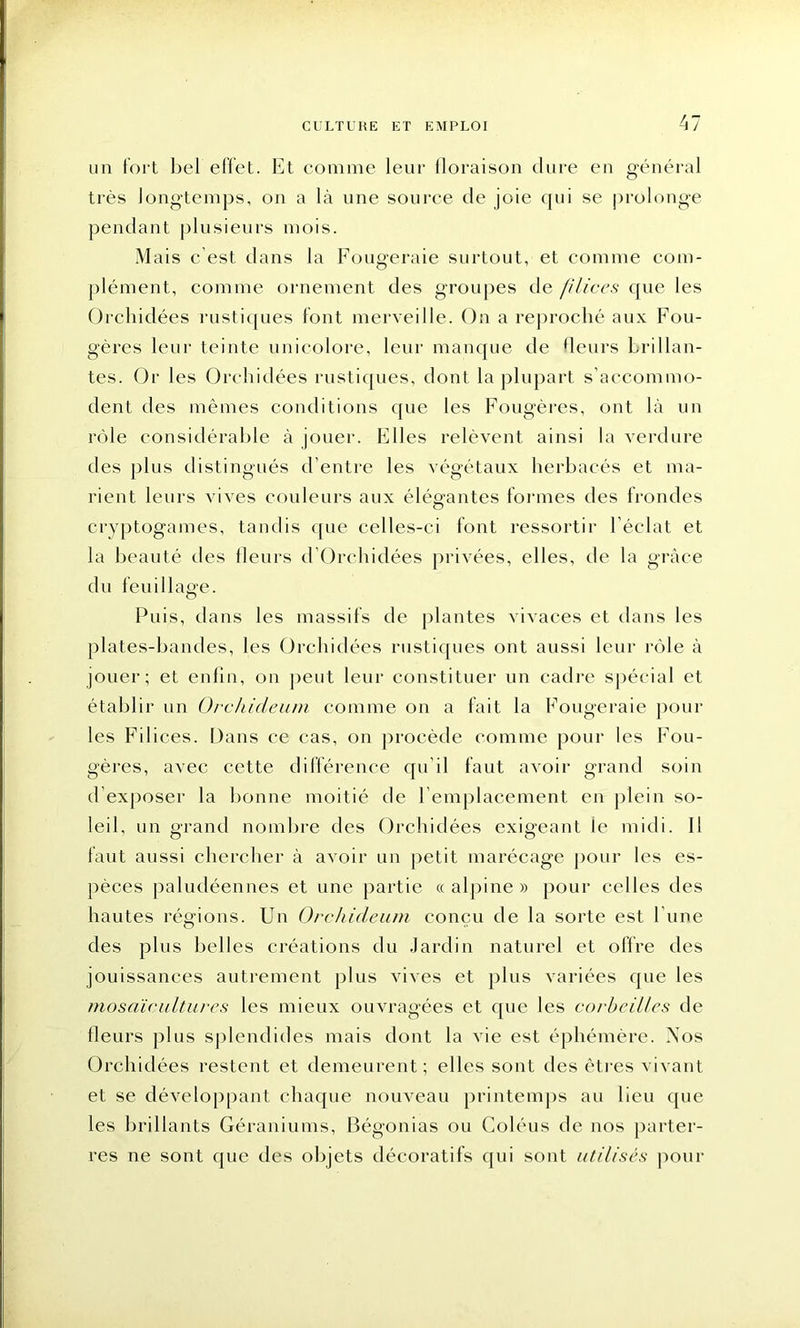 un fort bel effet. Et comme leur floraison dure en général très longtemps, on a là une source de joie qui se prolonge pendant plusieurs mois. Mais c’est dans la Fougeraie surtout, et comme com- plément, comme ornement des groupes de filices que les Orchidées rustiques font merveille. On a reproché aux Fou- gères leur teinte unicolore, leur manque de fleurs brillan- tes. Or les Orchidées rustiques, dont la plupart s’accommo- dent des mêmes conditions que les Fougères, ont là un rôle considérable à jouer. Elles relèvent ainsi la verdure des plus distingués d’entre les végétaux herbacés et ma- rient leurs vives couleurs aux élégantes formes des frondes cryptogames, tandis ([ue celles-ci font ressortir l’éclat et la beauté des fleurs d’Orchidées privées, elles, de la grâce du feuillage. Puis, dans les massifs de plantes vivaces et dans les plates-bandes, les Orchidées rustiques ont aussi leur rôle à jouer; et enfin, on peut leur constituer un cadre spécial et établir un Orchideum comme on a fait la Fougeraie poul- ies Filices. Dans ce cas, on procède comme pour les Fou- gères, avec cette différence qu’il faut avoir grand soin d exposer la bonne moitié de l’emplacement en plein so- leil, un grand nombre des Orchidées exigeant le midi. Il faut aussi chercher à avoir un petit marécage pour les es- pèces paludéennes et une partie « alpine » pour celles des hautes régions. Un Orchideum conçu de la sorte est l une des plus belles créations du Jardin naturel et offre des jouissances autrement plus vives et plus variées que les mosaïcultures les mieux ouvragées et que les corbeilles de fleurs plus splendides mais dont la vie est éphémère. .Nos Orchidées restent et demeurent; elles sont des êtres vivant et se développant chaque nouveau printemps au lieu que les brillants Géraniums, Bégonias ou Coléus de nos parter- res ne sont que des objets décoratifs qui sont utilisés pour