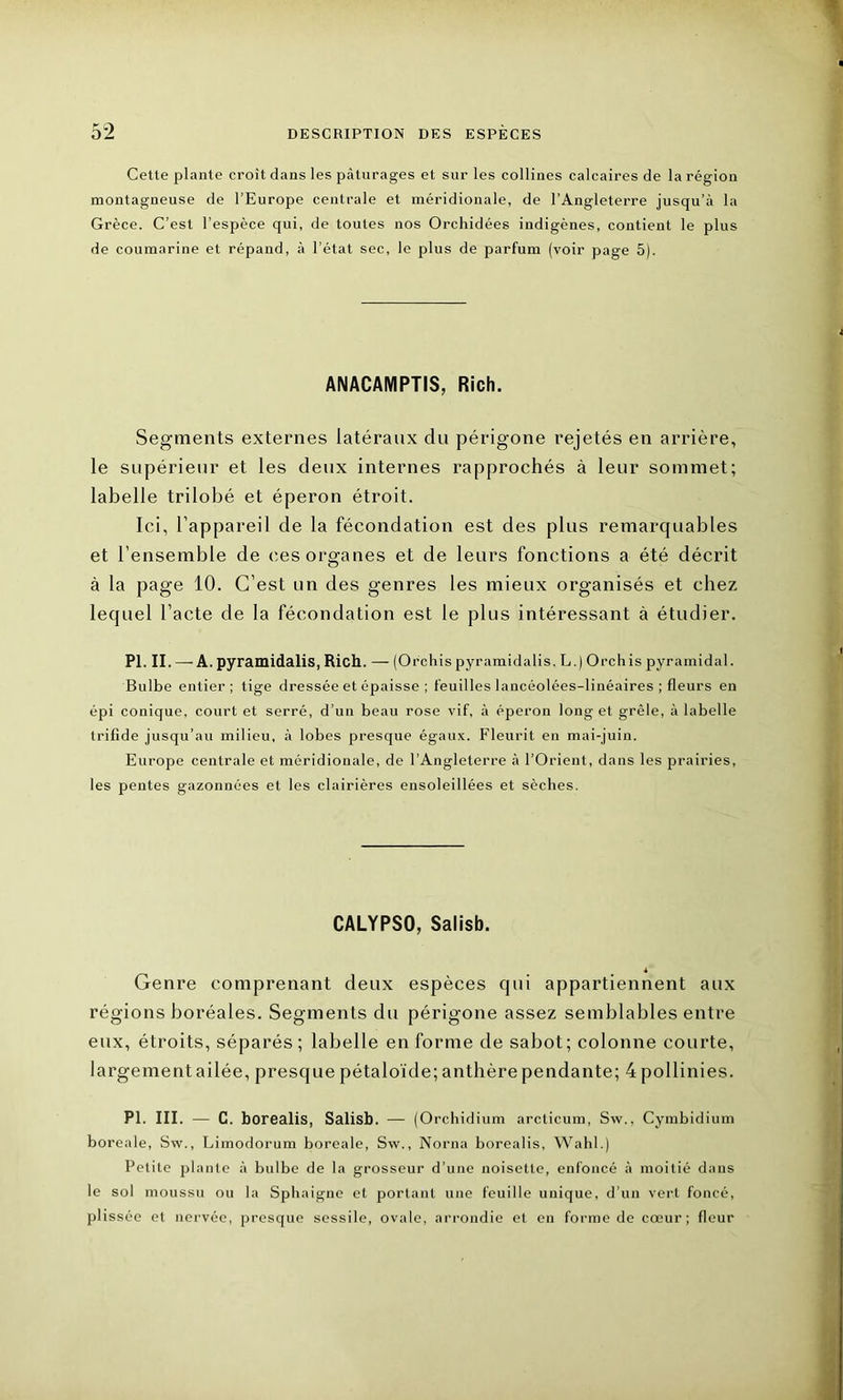 Cette plante croît dans les pâturages et sur les collines calcaires de la région montagneuse de l’Europe centrale et méridionale, de l’Angleterre jusqu’à la Grèce. C’est l’espèce qui, de toutes nos Orchidées indigènes, contient le plus de coumarine et répand, à l’état sec, le plus de parfum (voir page 5). ANACAMPTIS, Rich. Segments externes latéraux du périgone rejetés en arrière, le supérieur et les deux internes rapprochés à leur sommet; labelle trilobé et éperon étroit. Ici, l’appareil de la fécondation est des plus remarquables et l’ensemble de ces organes et de leurs fonctions a été décrit à la page 10. C’est un des genres les mieux organisés et chez lequel l’acte de la fécondation est le plus intéressant à étudier. PI. II. — A. pyramidalis, Rich. — (Orchis pyramidatis. L.) Orch is pyramidal. Bulbe entier; tige dressée et épaisse ; feuilles lancéolées-linéaires ; fleurs en épi conique, court et serré, d’un beau rose vif, à éperon long et grêle, à labelle trifide jusqu’au milieu, à lobes presque égaux. Fleurit en mai-juin. Europe centrale et méridionale, de l’Angleterre à l’Orient, dans les prairies, les pentes gazonnées et les clairières ensoleillées et sèches. CALYPSO, Salisb. Genre comprenant deux espèces qui appartiennent aux régions boréales. Segments du périgone assez semblables entre eux, étroits, séparés; labelle en forme de sabot; colonne courte, largement ailée, presque pétaloïde; anthère pendante; 4 pollinies. PI. III. — C. borealis, Salisb. — (Orchidium arcticum, Sw., Cymbidium boreale, Sw., Limodorum boreale, Sw., Norna borealis, Wahl.) Petite plante à bulbe de la grosseur d’une noisette, enfoncé à moitié dans le sol moussu ou la Sphaigne et portant une feuille unique, d’un vert foncé, plissée et nervée, presque sessile, ovale, arrondie et en forme de cœur; fleur