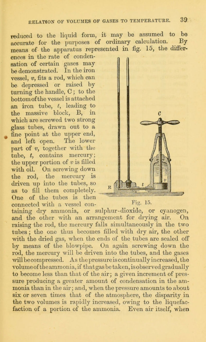reduced to the liquid form, it may be assumed to be accurate for the purposes of ordinary calculation. By means of the apparatus represented in fig. 15, the differ- ences in the rate of conden- sation of certain gases may be demonstrated. In the iron vessel, v, fits a rod, which can be depressed or raised by turning the handle, C; to the bottom of the vessel is attached an iron tube, t, leading to the massive block, B, in which are screwed two strong glass tubes, drawn out to a fine point at the upper end, and left open. The lower part of v, together with the tube, t, contains mercury; the upper portion of v is filled with oil. On screwing down the rod, the mercury is driven up into the tubes, so as to fill them completely. One of the tubes is then connected with a vessel con- taining dry ammonia, or sulphur-dioxide, or cyanogen, and the other with an arrangement for drying air. On raising the rod, the mercury falls simultaneously in the two tubes; the one thus becomes filled with dry air, the other -with the dried gas, when the ends of the tubes ai'e sealed off by means of the blowpipe. On again screwing down the rod, the mercui’y will be diiven into the tubes, and the gases will be compressed. As the pressure is continually increased, the volume of the amm onia, if that gas be taken, is observed gradually to become less than that of the air; a given increment of pres- sure producing a greater amount of condensation in the am- monia than in the air; and, when the pressure amounts to about six or seven times that of the atmosphere, the disparity in the two volumes is rapidly increased, owing to the liquefac- faction of a portion of the ammonia. Even air itself, when