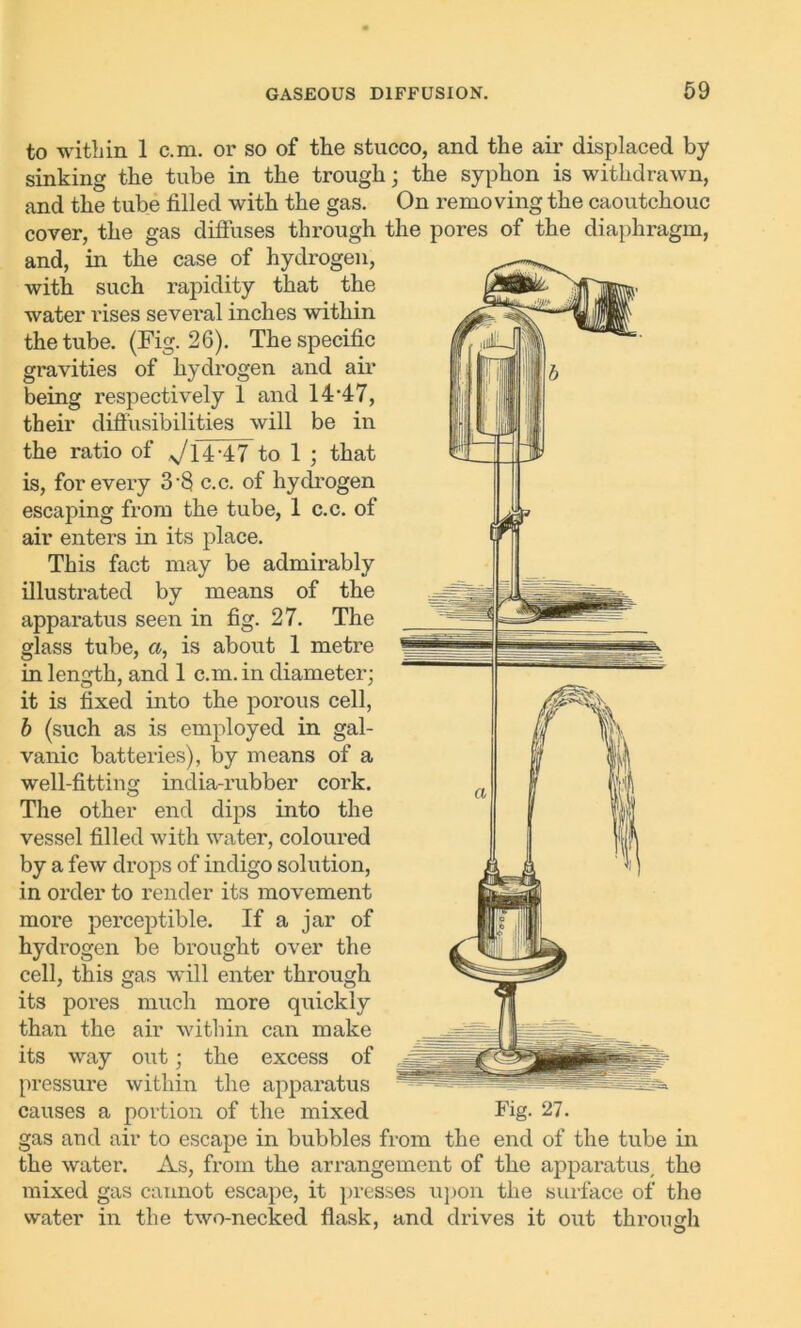 to within 1 c.m. or so of the stucco, and the air displaced by sinking the tube in the trough; the syphon is withdrawn, and the tube filled with the gas. On removing the caoutchouc cover, the gas diffuses through the pores of the diaphragm, and, in the case of hydrogen, with such rapidity that the water rises several inches within the tube. (Fig. 26). The specific gravities of hydrogen and air being respectively 1 and 14*47, their diffusibilities will be in the ratio of ^14-47 to 1 ; that is, for every 3'8 c.c. of hydrogen escaping from the tube, 1 c.c. of air enters in its place. This fact may be admirably illustrated by means of the apparatus seen in fig. 27. The glass tube, a, is about 1 metre in length, and 1 c.m. in diameter; it is fixed into the porous cell, b (such as is employed in gal- vanic batteries), by means of a well-fitting india-rubber cork. The other end dips into the vessel filled with water, coloured by a few drops of indigo solution, in order to render its movement more perceptible. If a jar of hydrogen be brought over the cell, this gas will enter through its pores much more quickly than the air within can make its way out; the excess of pressure within the apparatus causes a portion of the mixed Fig- 27. gas and air to escape in bubbles from the end of the tube in the water. As, from the arrangement of the apparatus, the mixed gas cannot escape, it presses upon the surface of the water in the two-necked flask, and drives it out through