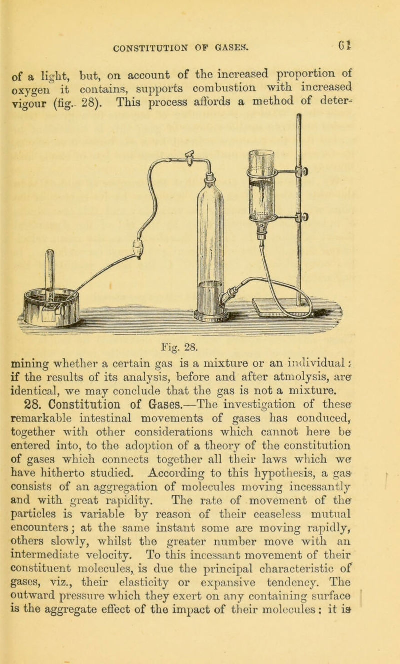 CONSTITUTION OP GASES. Of of a light, but, on account of the increased proportion of oxygen it contains, supports combustion with increased vigour (tig. 28). This process affords a method of deter-1 Fig. 28. mining whether a certain gas is a mixture or an individual: if the results of its analysis, before and after atmolysis, are identical, we may conclude that the gas is not a mixture. 28. Constitution of Gases.—The investigation of these remarkable intestinal movements of gases has conduced, together with other considerations which cannot here be entered into, to the adoption of a theory of the constitution of gases which connects together all their laws which we have hitherto studied. According to this hypothesis, a gas consists of an aggregation of molecules moving incessantly and with great rapidity. The rate of movement of the particles is variable by reason of their ceaseless mutual encounters; at the same instant some are moving l’apidly, others slowly, whilst the greater number move with an intermediate velocity. To this incessant movement of their constituent molecules, is due the principal characteristic of gases, viz., their elasticity or expansive tendency. The outward pressure which they exert on any containing surface is the aggregate effect of the impact of their molecules : it is