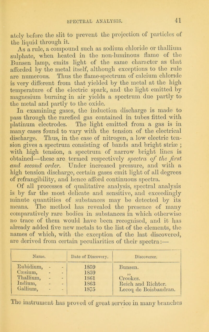 ately before the slit to prevent the projection of particles of the liquid through it. As a rule, a compound such as sodium chloride or thallium sulphate, when heated in the non-luminous flame of the Bunsen lamp, emits light of the same character as that afforded by the metal itself, although exceptions to the rule are numerous. Thus the flame-spectnun of calcium chloride is very different from that yielded by the metal at the high temperature of the electric spark, and the light emitted by magnesium burning in air yields a spectrum due partly to the metal and partly to the oxide. In examining gases, the induction discharge is made to pass through the rarefied gas contained in tubes fitted with platinum electrodes. The light emitted from a gas is in many cases found to vary with the tension of the electrical discharge. Thus, in the case of nitrogen, a low electric ten- sion gives a spectrum consisting of bands and bright striae ; with high tension, a spectrum of narrow bright lines is obtained—these are termed respectively spectra of the first and second order. Under increased pressure, and with a high tension discharge, certain gases emit light of all degrees of refrangibility, and hence afford continuous spectra. Of all processes of qualitative analysis, spectral analysis is by far the most delicate and sensitive, and exceedingly minute quantities of substances may be detected by its means. The method has revealed the presence of many comparatively rare bodies in substances in which otherwise no trace of them would have been recognised, and it has already added five new metals to the list of the elements, the names of which, with the exception of the last discovered, are derived from certain peculiarities of their spectra:— Name. Date of Discover}'. Discoverer. Rubidium, - 1859 Bunsen. Cassium, 1859 Thallium, 1S61 Crookes. Indium, 1863 Reich and Richter. Gallium, 1S75 Lccoq de Boisbaudrau. The instrument has proved of great service in many branches