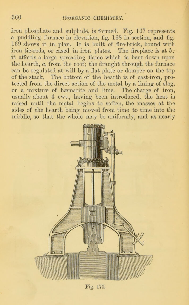 iron phosphate and sulphide, is formed. Fig. 1G7 represents a puddling furnace in elevation, fig. 168 in section, and fig. 1G9 shows it in plan. It is built of fire-brick, bound with iron tie-rods, or cased in iron plates. The fireplace is at b; it affords a large spreading llame which is bent down upon the hearth, a, from the roof; the draught through the furnace can be regulated at will by a flat plate or damper on the top of the stack. The bottom of the hearth is of cast-iron, pro- tected from the direct action of the metal by a lining of slag, or a mixture of haematite and lime. The charge of iron, usually about 4 cwt., having been introduced, the heat is raised until the metal begins to soften, the masses at the sides of the hearth being moved from time to time into the middle, so that the whole may be uniformly, and as nearly