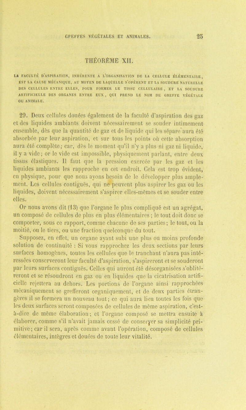 THÉORÈME XII. LA FACULTÉ D’ASPIRATION, INHÉRENTE A L’ORGANISATION DE LA CELLULE ÉLÉMENTAIRE, EST LA CAUSE MÉCANIQUE, AU MOYEN DE LAQUELLE S’OPÈRENT ET LA SOUDURE NATURELLE DES CELLULES ENTRE ELLES, POUR FORMER LE TISSU CELLULAIRE , ET LA SOUDURE ARTIFICIELLE DES ORGANES ENTRE EUX , QUI PREND LE NOM DE GREFFE VÉGÉTALE OU ANIMALE. 29. Deux cellules douées également de la faculté d’aspiration des gaz et des liquides ambiants doivent nécessairement se souder intimement ensemble, dès que la quantité de gaz et de liquide qui les sépare’aura été absorbée par leur aspiration, et sur tous les points où cette absorption aura été complète; car, dès le moment qu’il n’y a plus ni gaz ni liquide, il y a vide; or le vide est impossible, physiquement parlant, entre deux tissus élastiques. Il faut que la pression exercée par les gaz et les liquides ambiants les rapproche en cet endroit. Gela est trop évident, en physique, pour que nous ayons besoin de le développer plus ample- ment. Les cellules contiguës, qui ne peuvent plus aspirer les gaz ou les liquides, doivent nécessairement s’aspirer elles-mêmes et se souder entre elles. Or nous avons dit (13) que l’organe le plus compliqué est un agrégat, un composé de cellules de plus en plus élémentaires ; le tout doit donc se comporter, sous ce rapport, comme chacune de ses parties; le tout, ou la moitié, ou le tiers, ou une fraction quelconque du tout. Supposez, en effet, un organe ayant subi une plus ou moins profonde solution de continuité : Si vous rapprochez les deux sections par leurs surfaces homogènes, toutes les cellules que le tranchant n’aura pas inté- ressées conserveront leur faculté d’aspiration, s’aspireront et se souderont par leurs surfaces contiguës. Celles qui auront été désorganisées s’oblité- reront et se résoudront en gaz ou en liquides que la cicatrisation artifi- cielle rejettera au dehors. Les portions de l’organe ainsi rapprochées mécaniquement se grefferont organiquement, et de deux parties étran- gères il se formera un nouveau tout; ce qui aura lieu toutes les fois que les deux surfaces seront composées de cellules de môme aspiration, c’est- à-dire de meme élaboration; et l’organe composé se mettra ensuite à élaborer, comme s’il n’avait jamais cessé de conserver sa simplicité pri- mitive; car il sera, après comme avant l’opération, composé de cellules élémentaires, intègres et douées de toute leur vitalité.