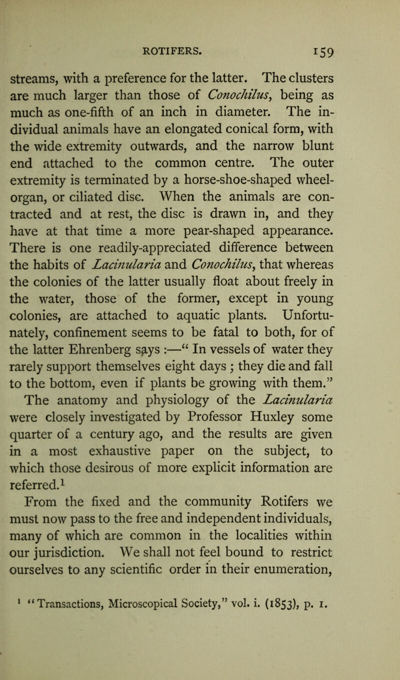 streams, with a preference for the latter. The clusters are much larger than those of Conochilus, being as much as one-fifth of an inch in diameter. The in- dividual animals have an elongated conical form, with the wide extremity outwards, and the narrow blunt end attached to the common centre. The outer extremity is terminated by a horse-shoe-shaped wheel- organ, or ciliated disc. When the animals are con- tracted and at rest, the disc is drawn in, and they have at that time a more pear-shaped appearance. There is one readily-appreciated difference between the habits of Lacinularia and Conochilus, that whereas the colonies of the latter usually float about freely in the water, those of the former, except in young colonies, are attached to aquatic plants. Unfortu- nately, confinement seems to be fatal to both, for of the latter Ehrenberg says :—“ In vessels of water they rarely support themselves eight days ; they die and fall to the bottom, even if plants be growing with them.” The anatomy and physiology of the Lacinularia were closely investigated by Professor Huxley some quarter of a century ago, and the results are given in a most exhaustive paper on the subject, to which those desirous of more explicit information are referred.1 From the fixed and the community Rotifers we must now pass to the free and independent individuals, many of which are common in the localities within our jurisdiction. We shall not feel bound to restrict ourselves to any scientific order in their enumeration, 1 “Transactions, Microscopical Society,” vol. i. (1853), P*