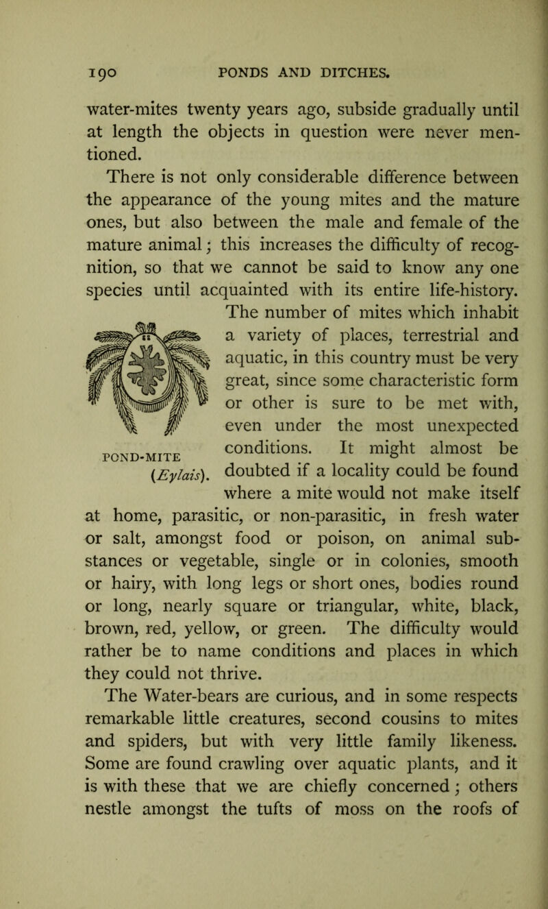 water-mites twenty years ago, subside gradually until at length the objects in question were never men- tioned. There is not only considerable difference between the appearance of the young mites and the mature ones, but also between the male and female of the mature animal; this increases the difficulty of recog- nition, so that we cannot be said to know any one species until acquainted with its entire life-history. The number of mites which inhabit a variety of places, terrestrial and aquatic, in this country must be very great, since some characteristic form or other is sure to be met with, even under the most unexpected conditions. It might almost be doubted if a locality could be found where a mite would not make itself at home, parasitic, or non-parasitic, in fresh water or salt, amongst food or poison, on animal sub- stances or vegetable, single or in colonies, smooth or hairy, with long legs or short ones, bodies round or long, nearly square or triangular, white, black, brown, red, yellow, or green. The difficulty would rather be to name conditions and places in which they could not thrive. The Water-bears are curious, and in some respects remarkable little creatures, second cousins to mites and spiders, but with very little family likeness. Some are found crawling over aquatic plants, and it is with these that we are chiefly concerned; others nestle amongst the tufts of moss on the roofs of POND-MITE (Eylais).